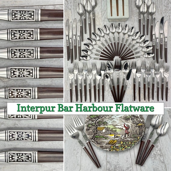 MCM Flatware Set New Vintage Interpur Bar Harbour Silverware, service for 8, design on metal shaft, Faux Rosewood handle