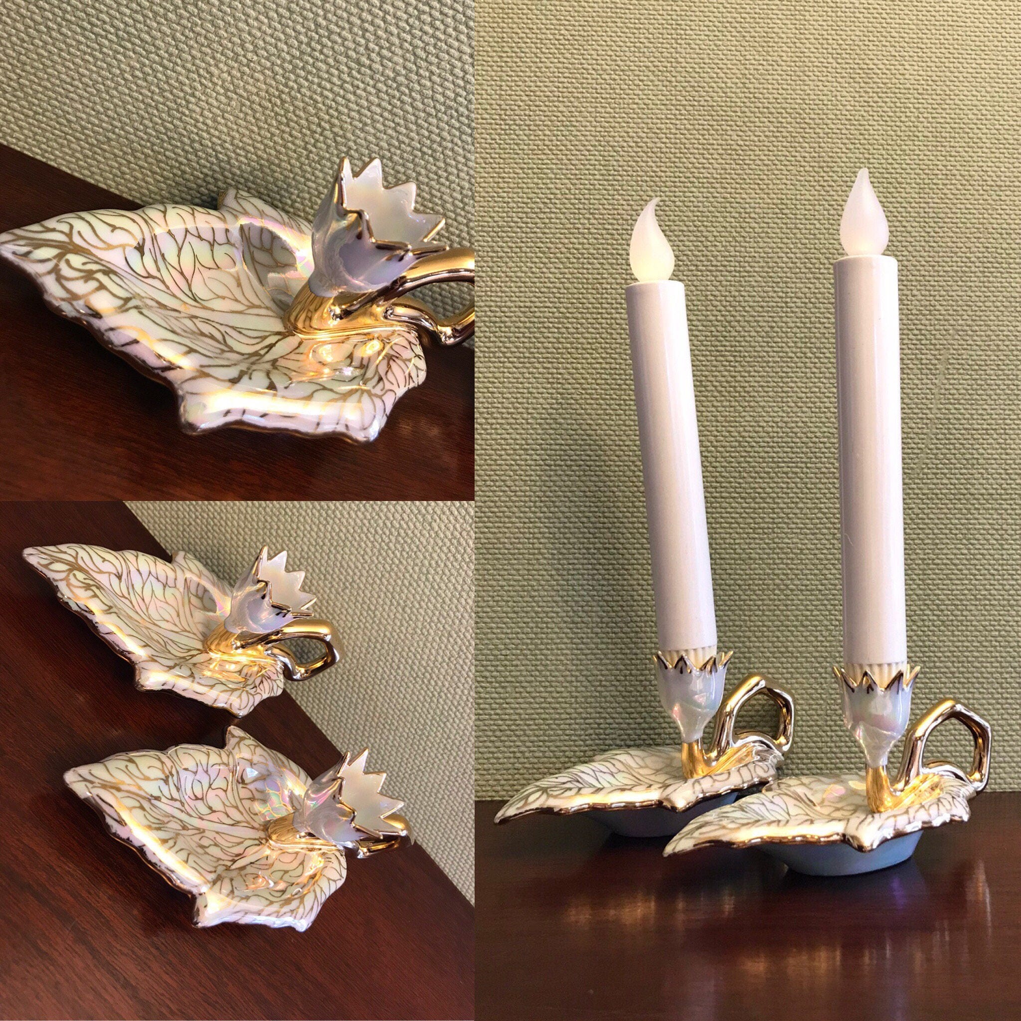 Vintage Handpainted Candlestick Holders, Porcelain iridescent Lotus