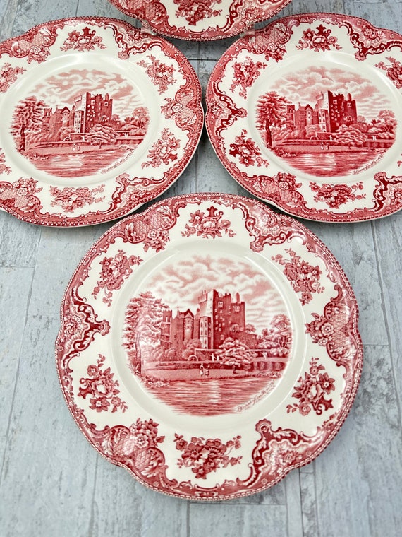 Vintage pink Transferware plates, Old Britain Castles, Blarney Castle, Johnson Bros, Ironstone, Made in England, double warranted