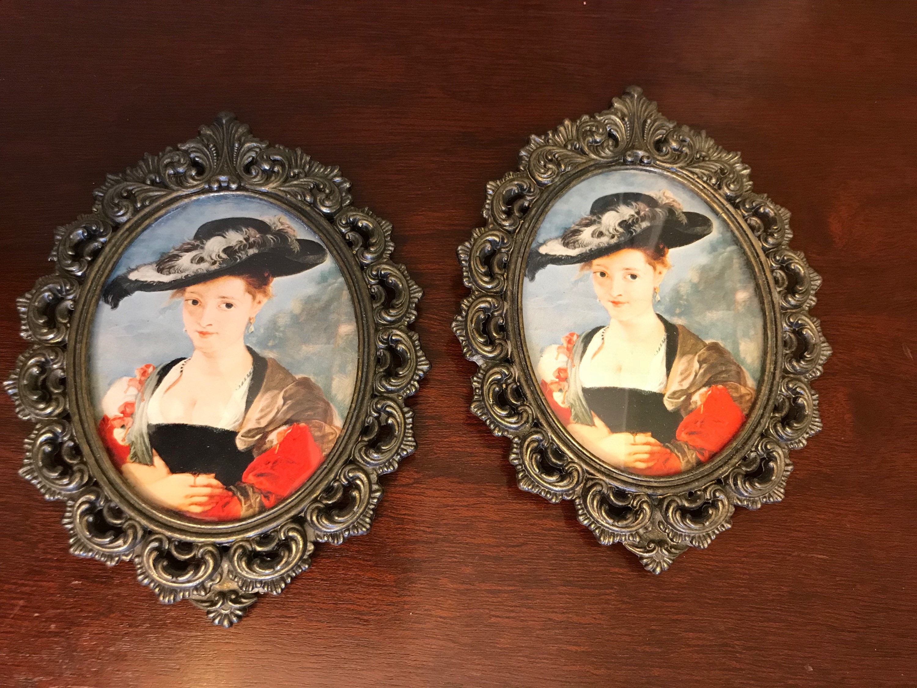 Vintage wall frames, Ornate Italian metal Frames, convex glass