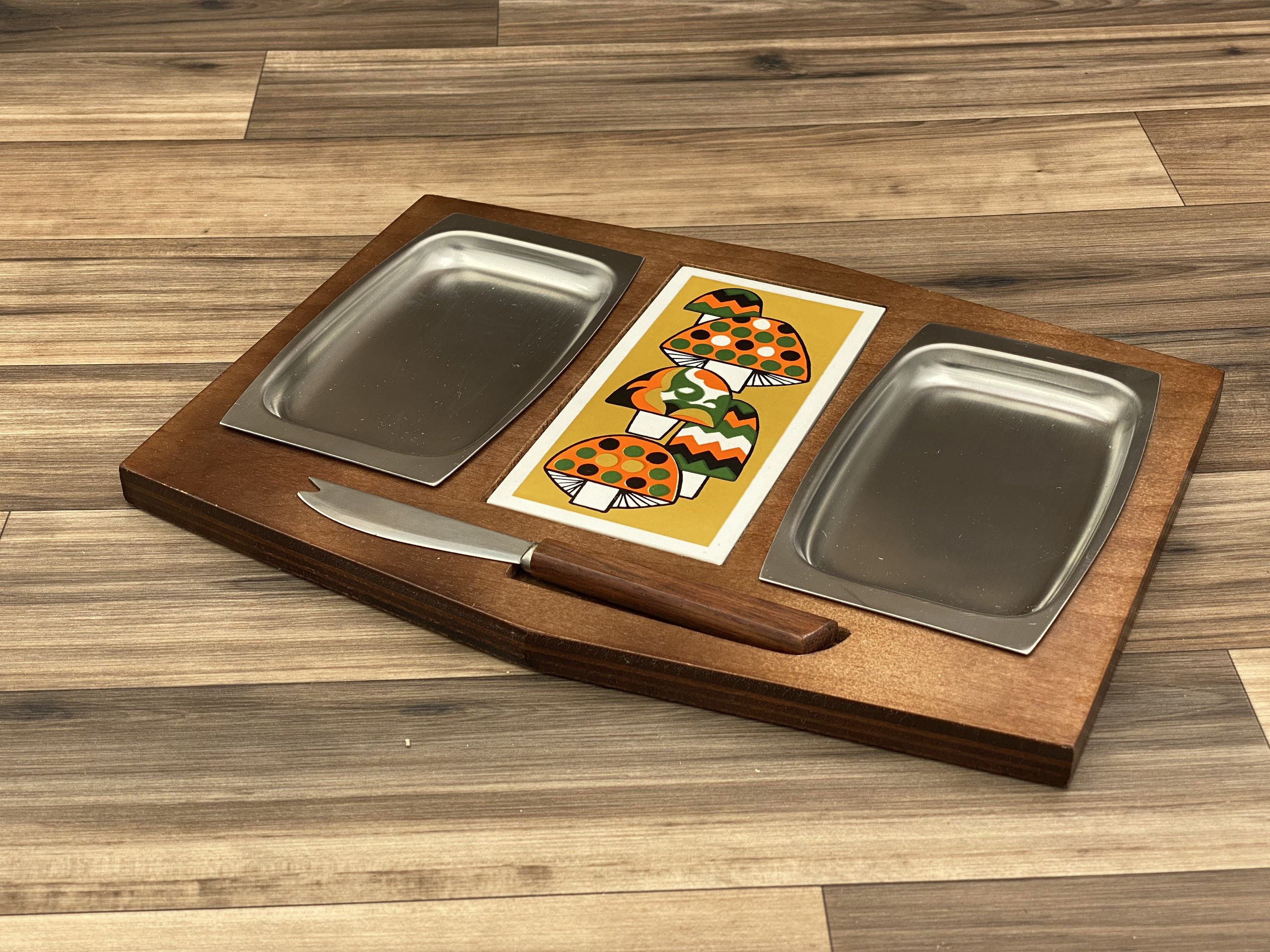 Retro Wood Tray Cheese board with Stainless inserts, Mushroom tile
