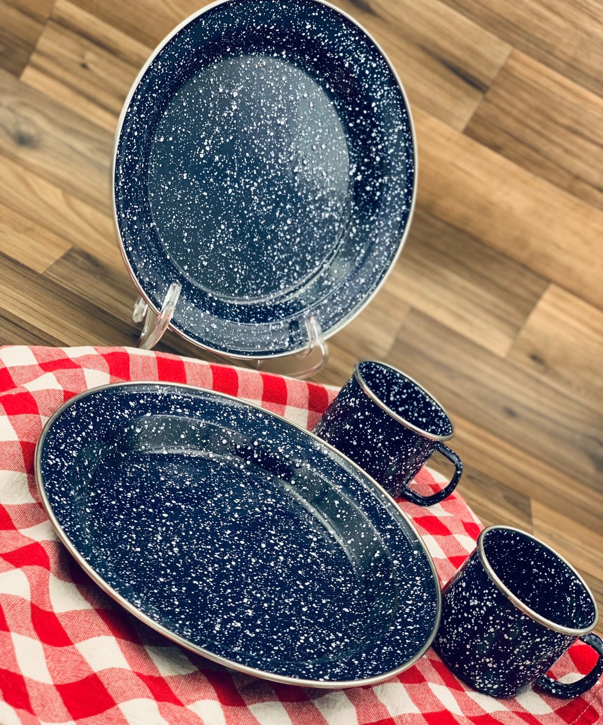 Vintage Graniteware Plates and Cups Enamel ware Dish sets for 2, Rustic