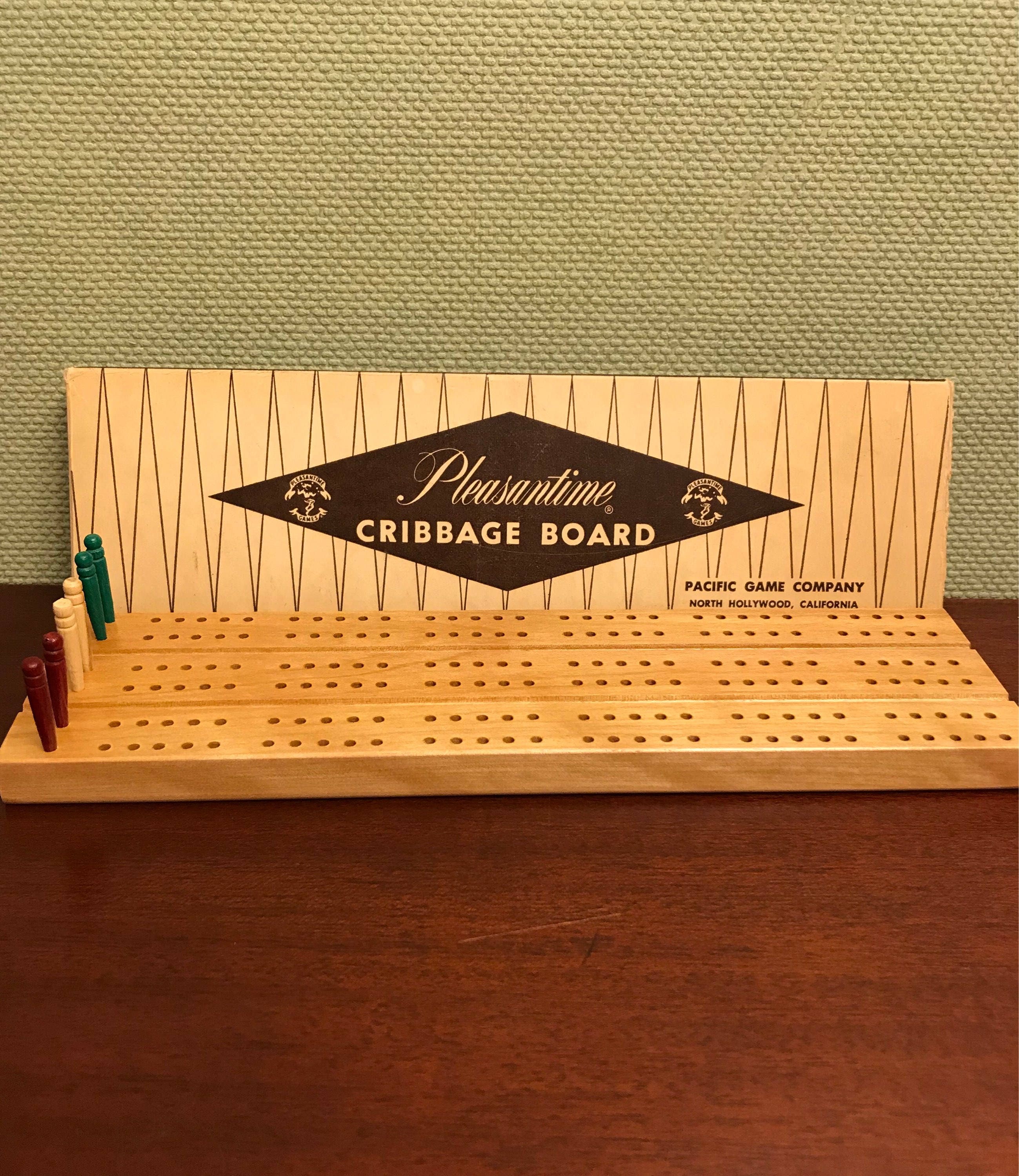 Vintage Cribbage Board, Wooden Cribbage board with 6 pegs. Pleasantime Cribbage board 705