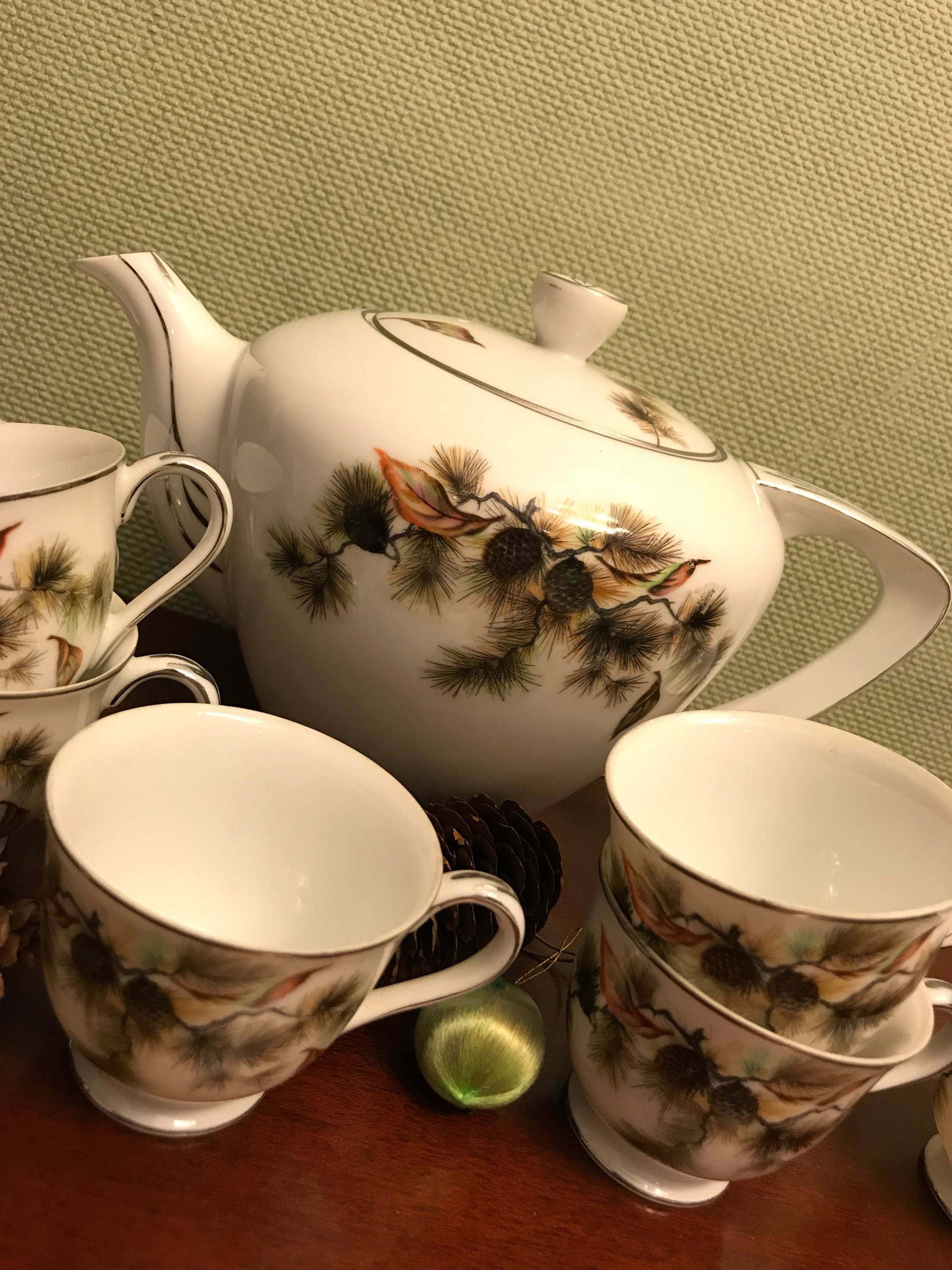 Vintage Holiday Tea Set, Pinecone Pattern Meiko Fine China, Service for
