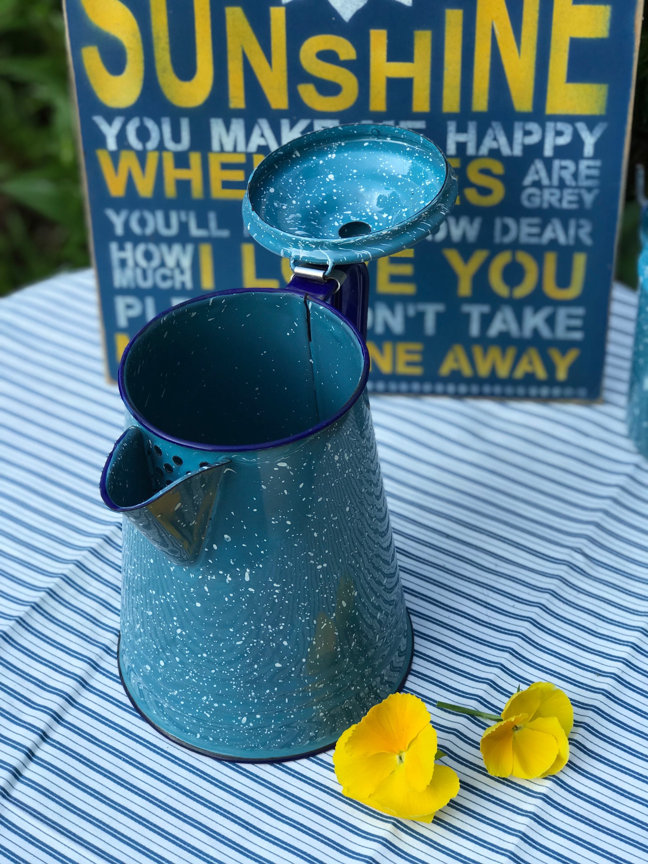 Vintage Turquoise Navy Graniteware hot water Pot, Enamel tea pot