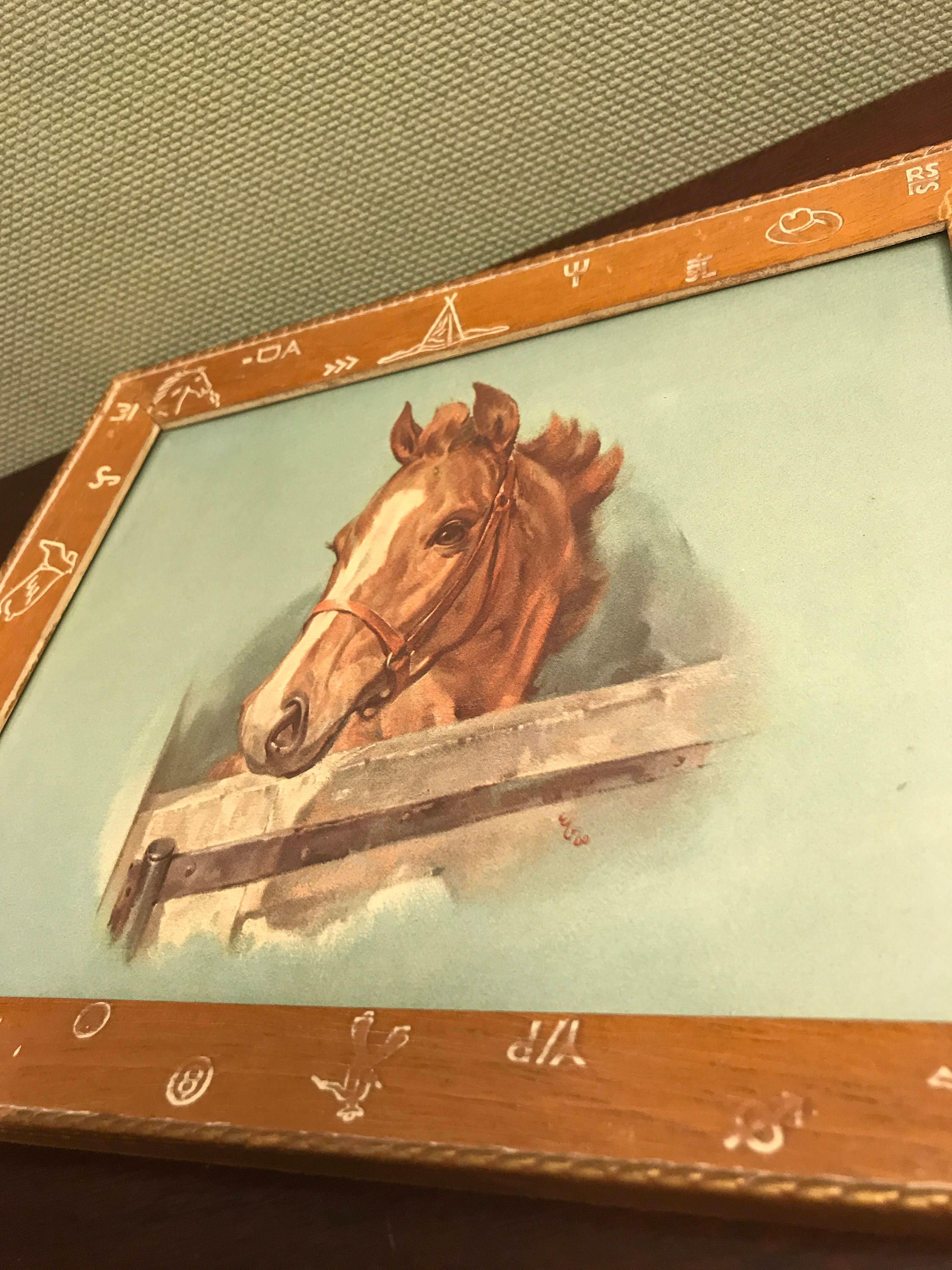 Vintage Horse Print signed by artist, wood frame with western theme carvings, framed Horse Head