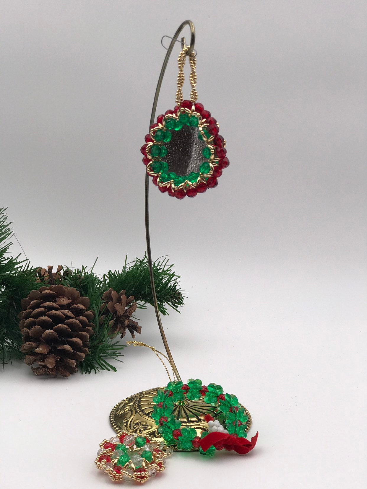Vintage Beaded Christmas Ornaments, set of three 1970s Beaded Christmas