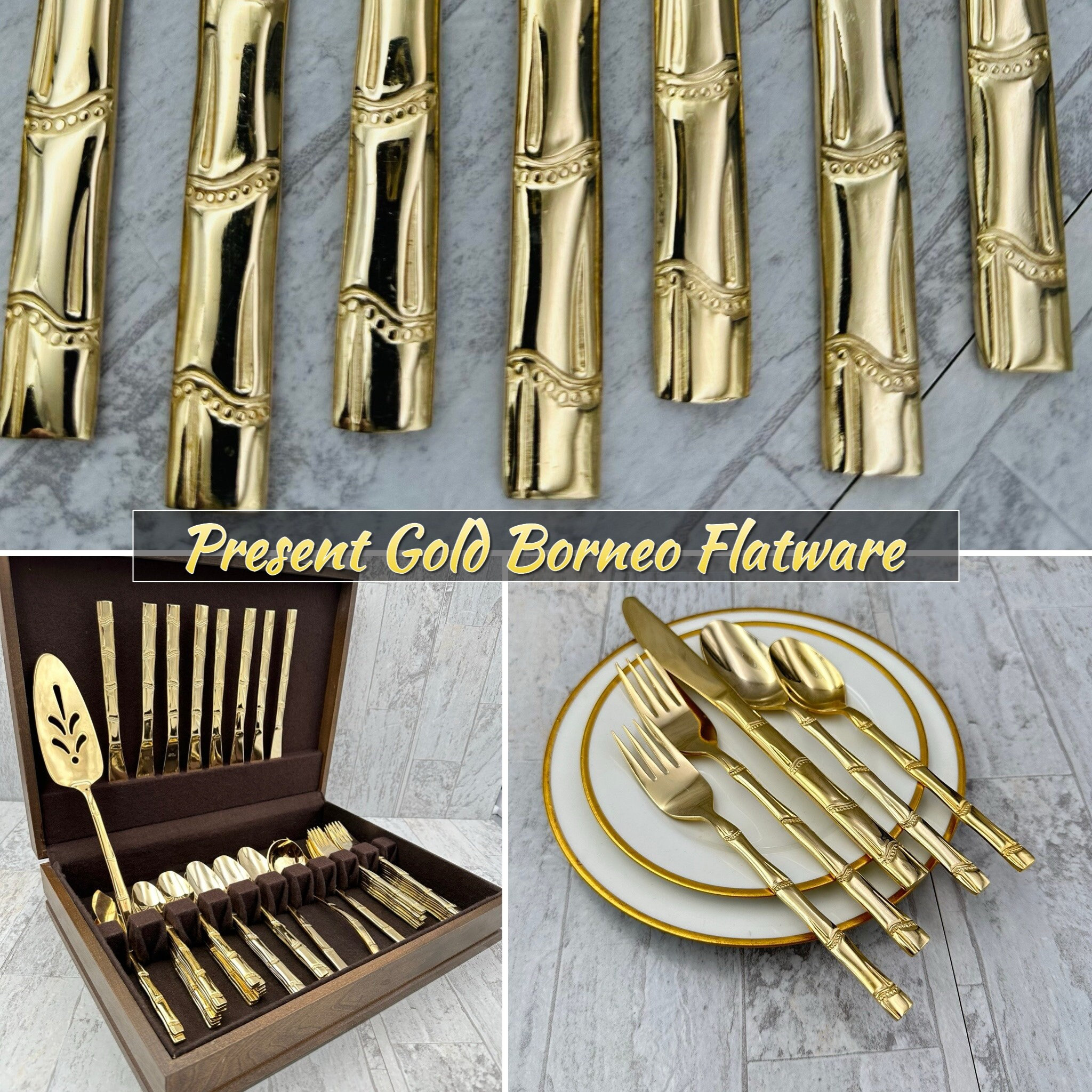 Vintage Gold Flatware Set, Bamboo Golden Borneo Pattern Vintage Gold Flatware Set, Bamboo Golden Borneo Pattern