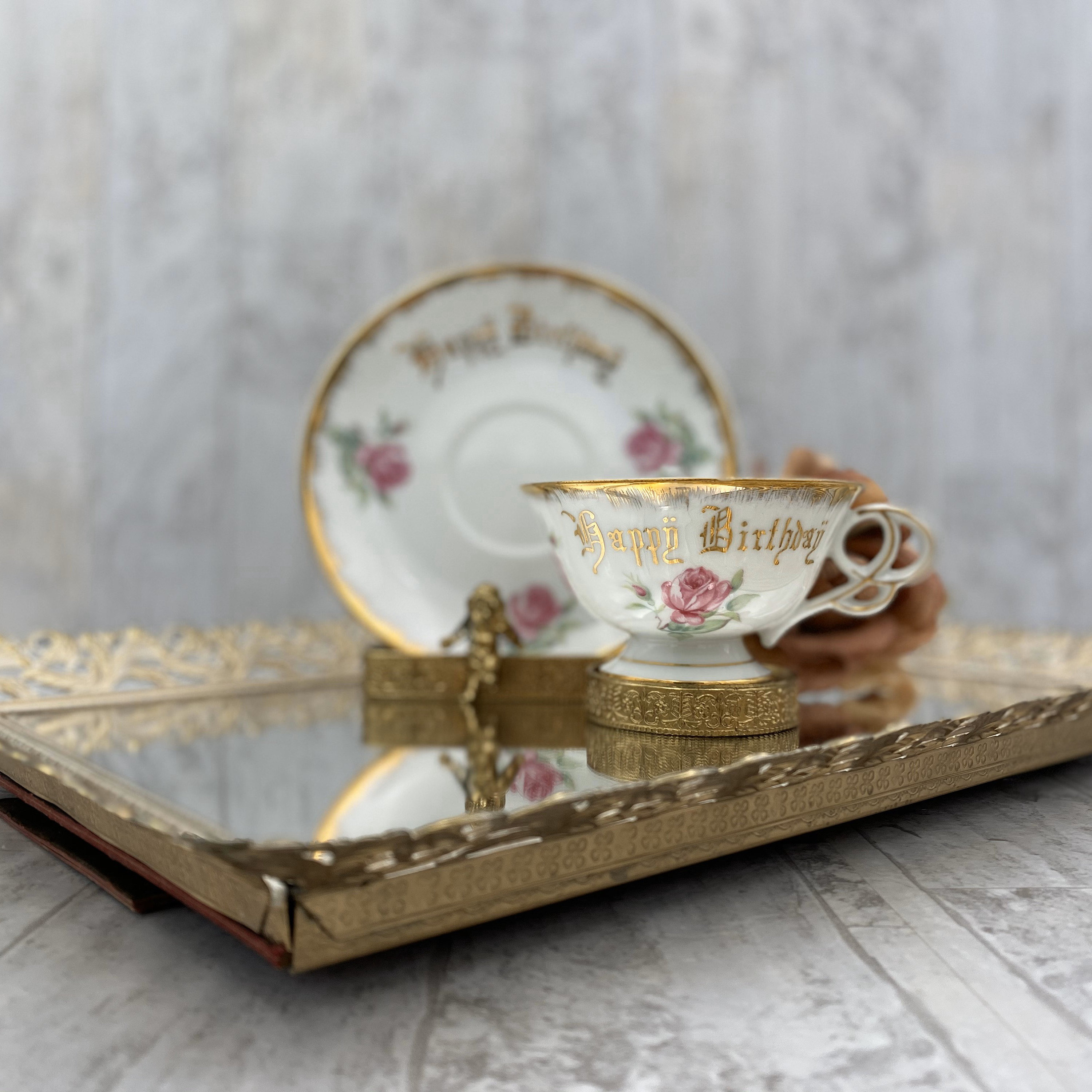 Happy Birthday Teacup with Pink Roses Gold Gilt footed Teacup made in