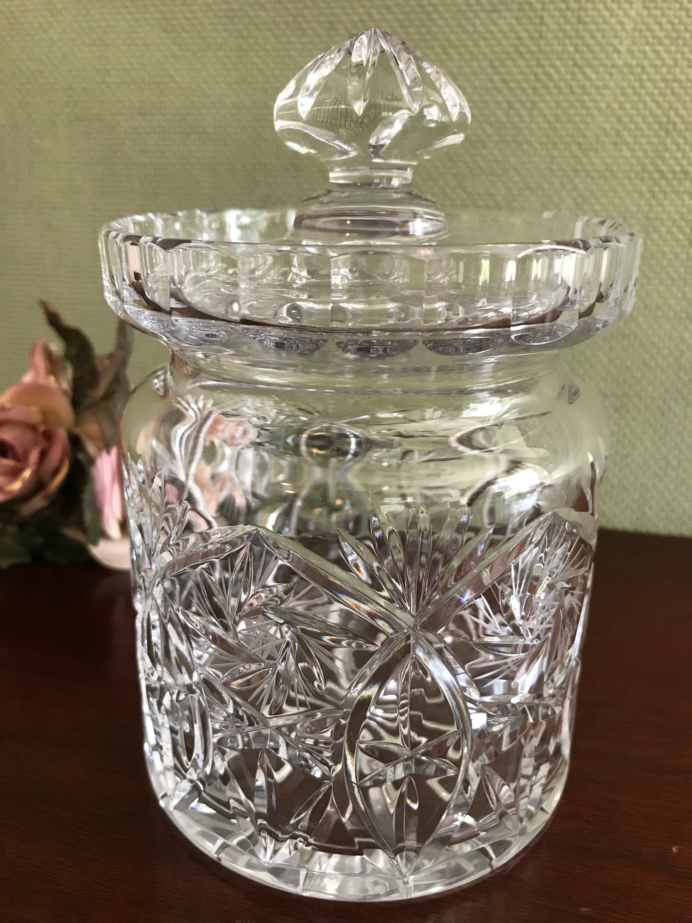 Vintage Crystal Candy Jar, Whirling Star and Fan design, Lead Crystal