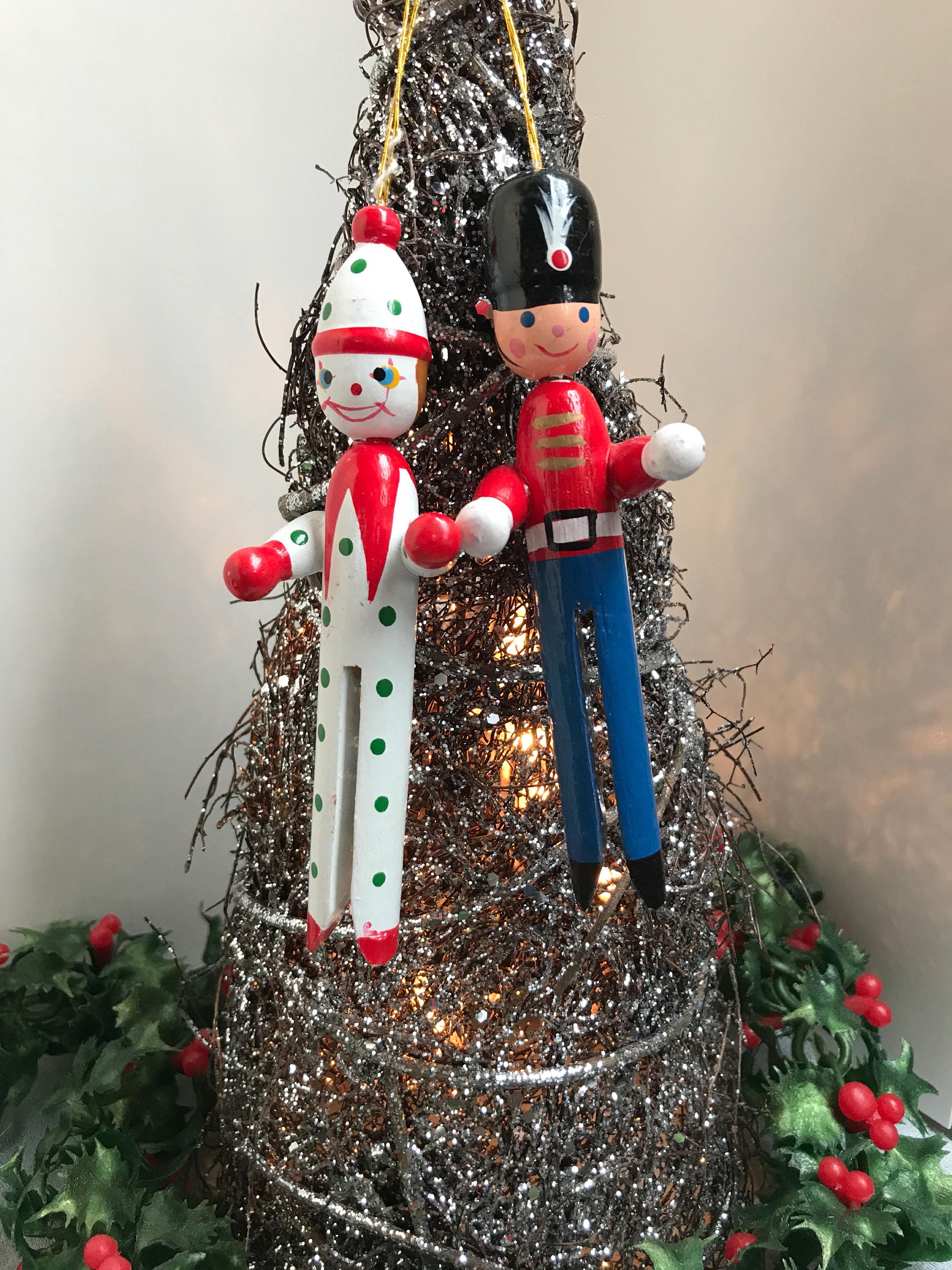 Vintage clothes pin Christmas Ornaments, 1960s Ornaments, painted