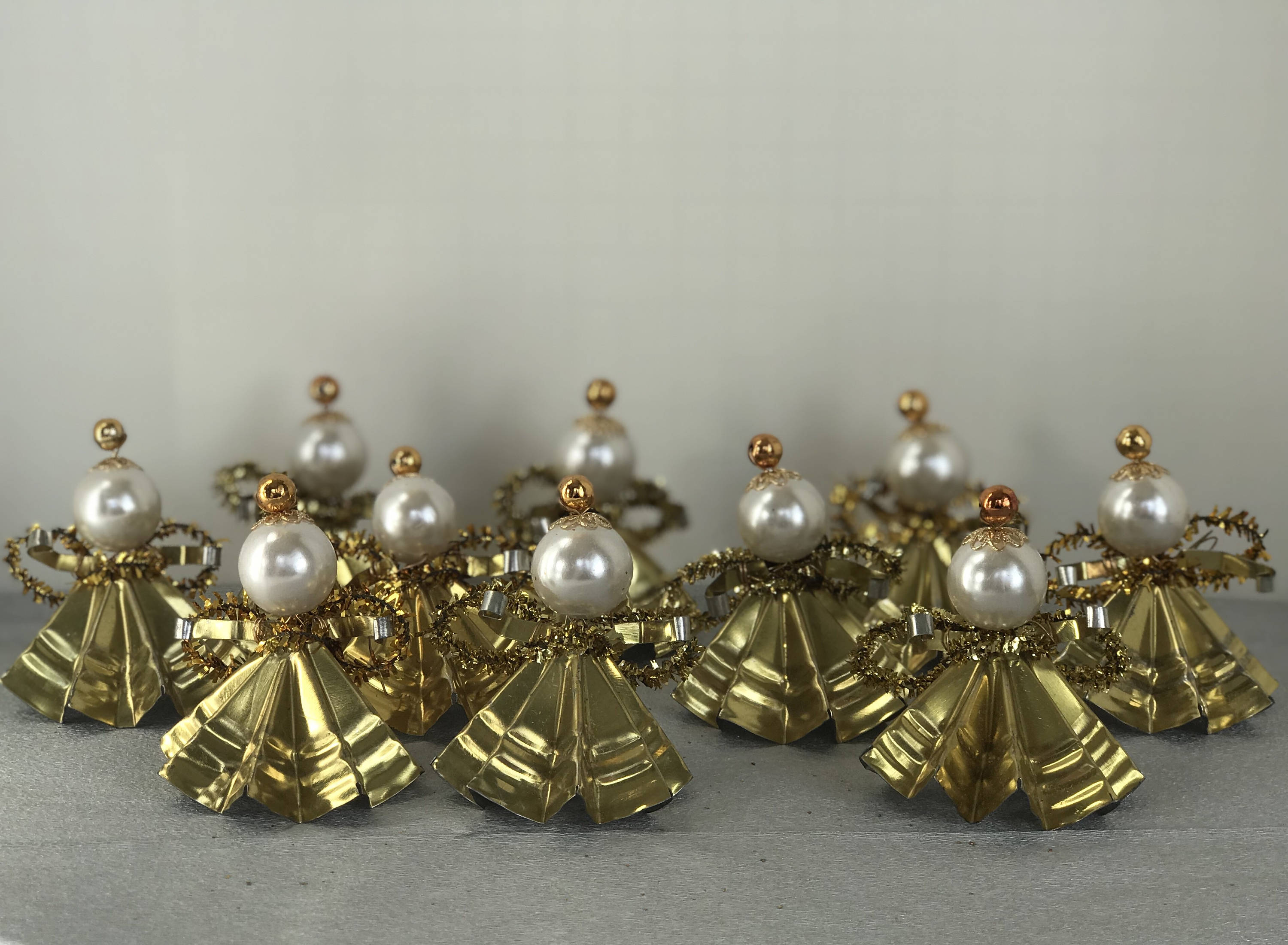 Vintage Handmade Angel Ornaments, Tin tinsel and bead Angels, Choir of ...