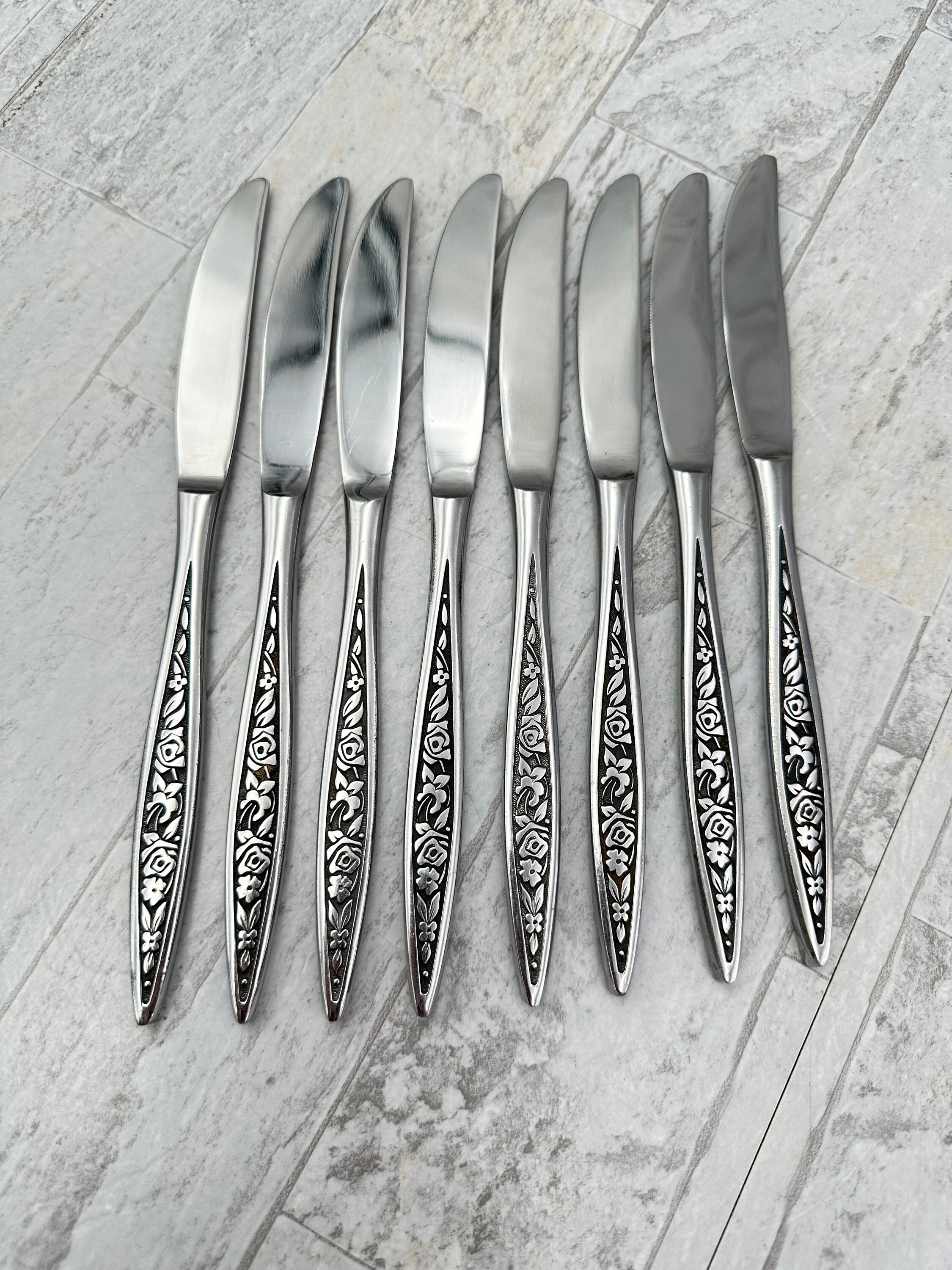 Vintage MCM EKCO Eternia 51 Pc. Floral Flatware Set Wood