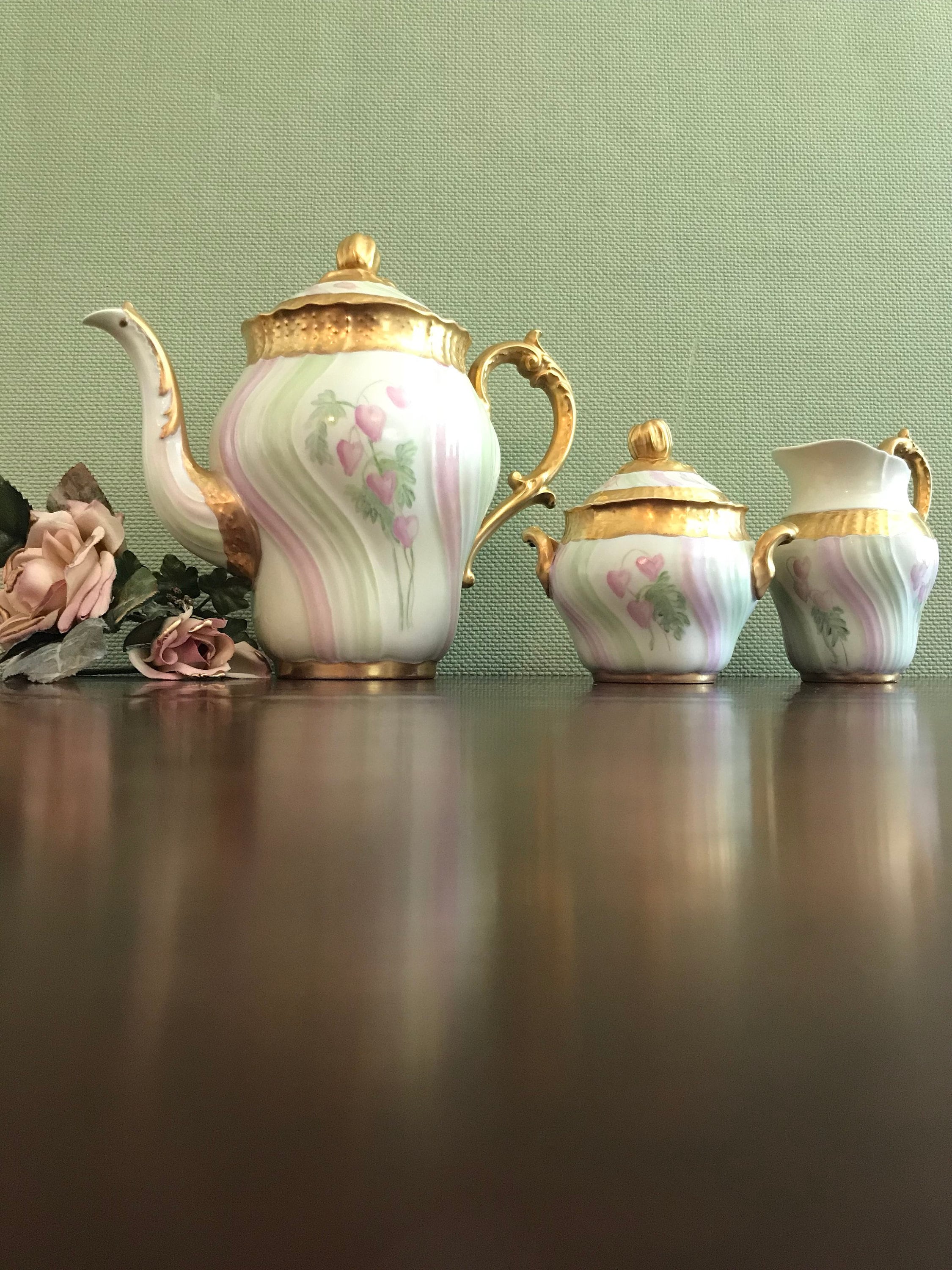 Vintage Hand painted Tea Set, Floral Teapot with matching cream and sugar