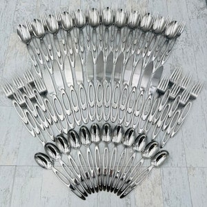 Vintage Stainless flatware set, Double Loop by Retroneu, Mod Designer Silverware, Rare service for 12