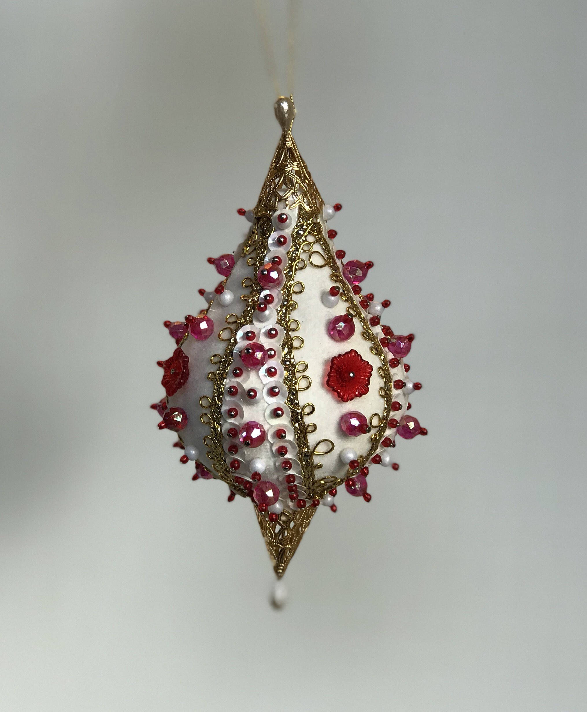 Vintage Beaded Sequined Christmas Ornament, gold pink Bauble, Ornate