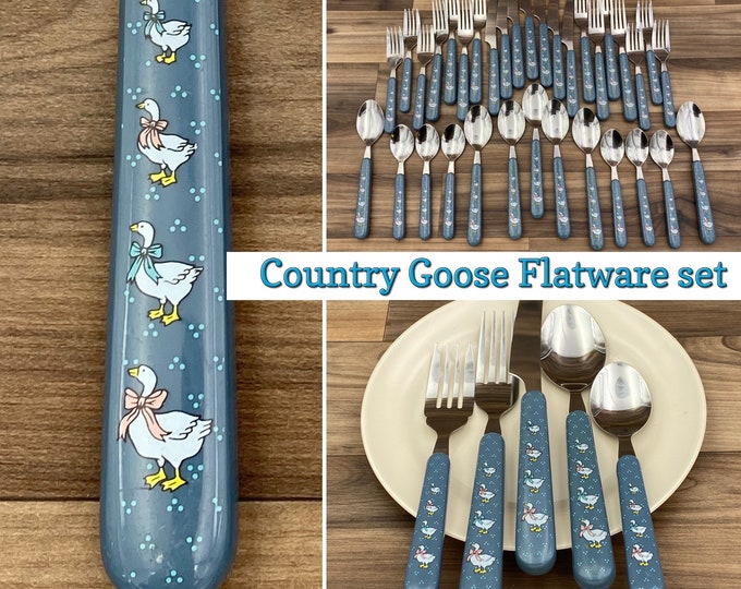 Vintage Flatware Set, Country Goose Stainless Steel Blue Handles ...