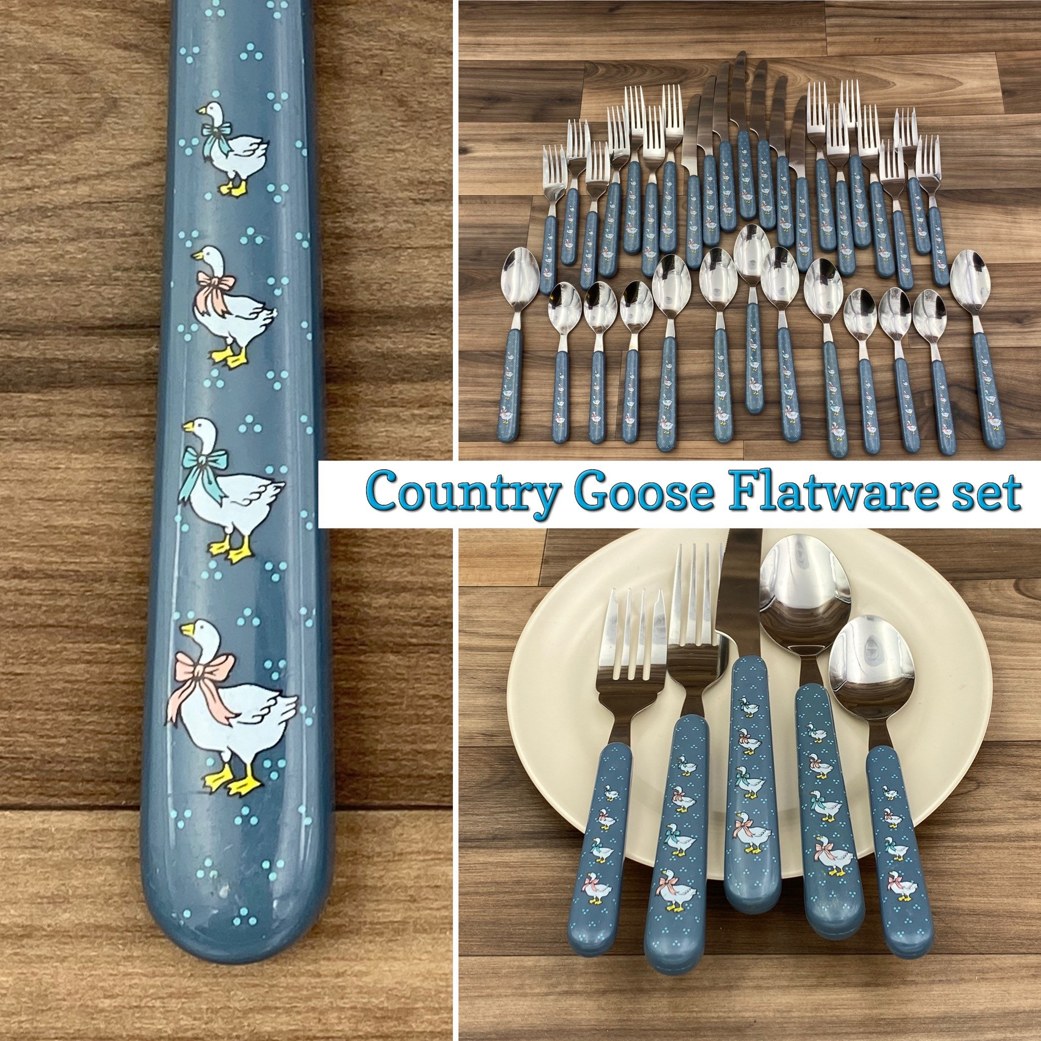 Vintage Flatware Set Country Goose Stainless Steel Blue Handles Service For 6 Rustic Farmhouse Home Decor Country Kitchen