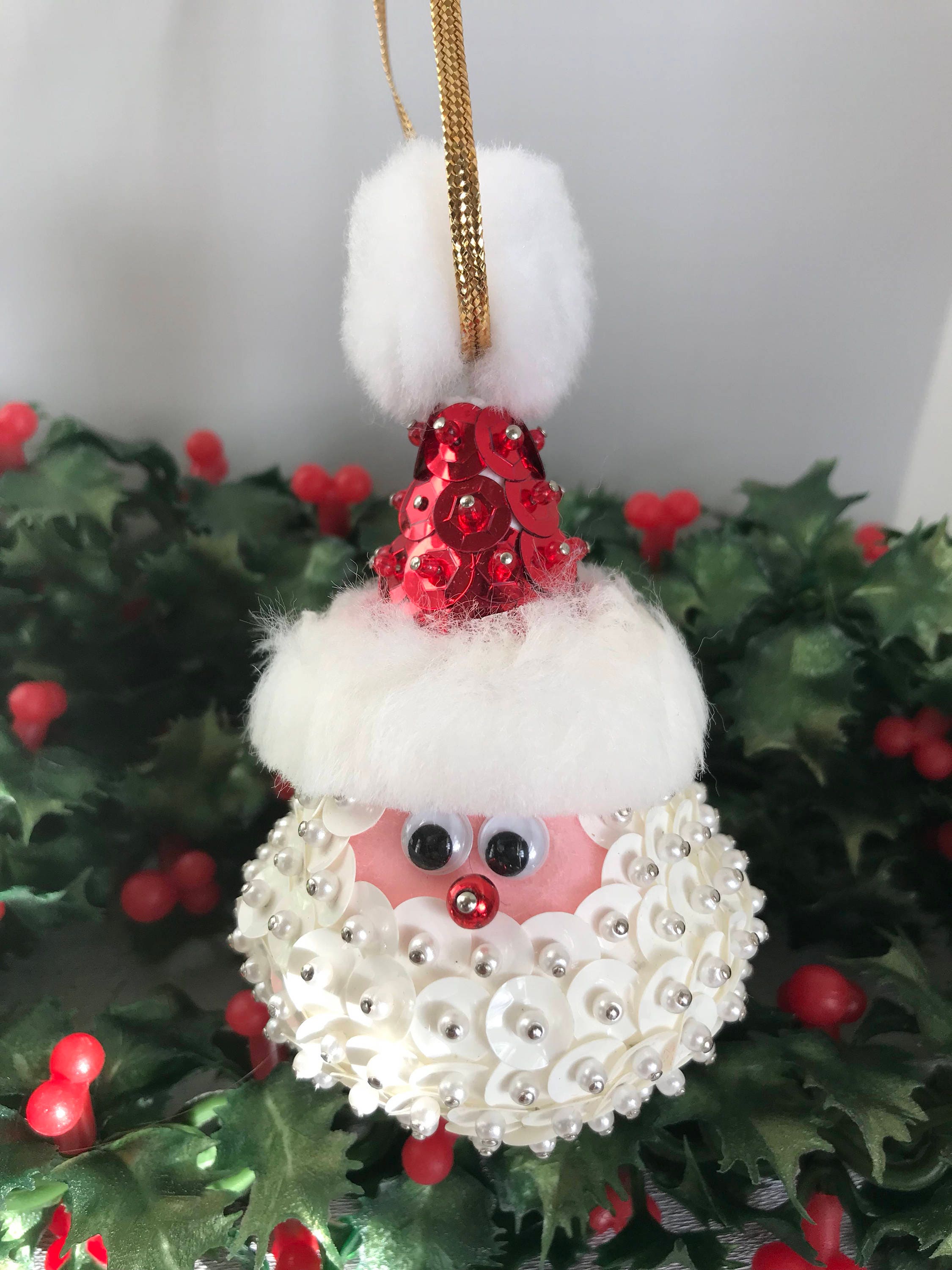 Vintage Santa Ornament, sequined and beaded, Red White Bauble, Ornate