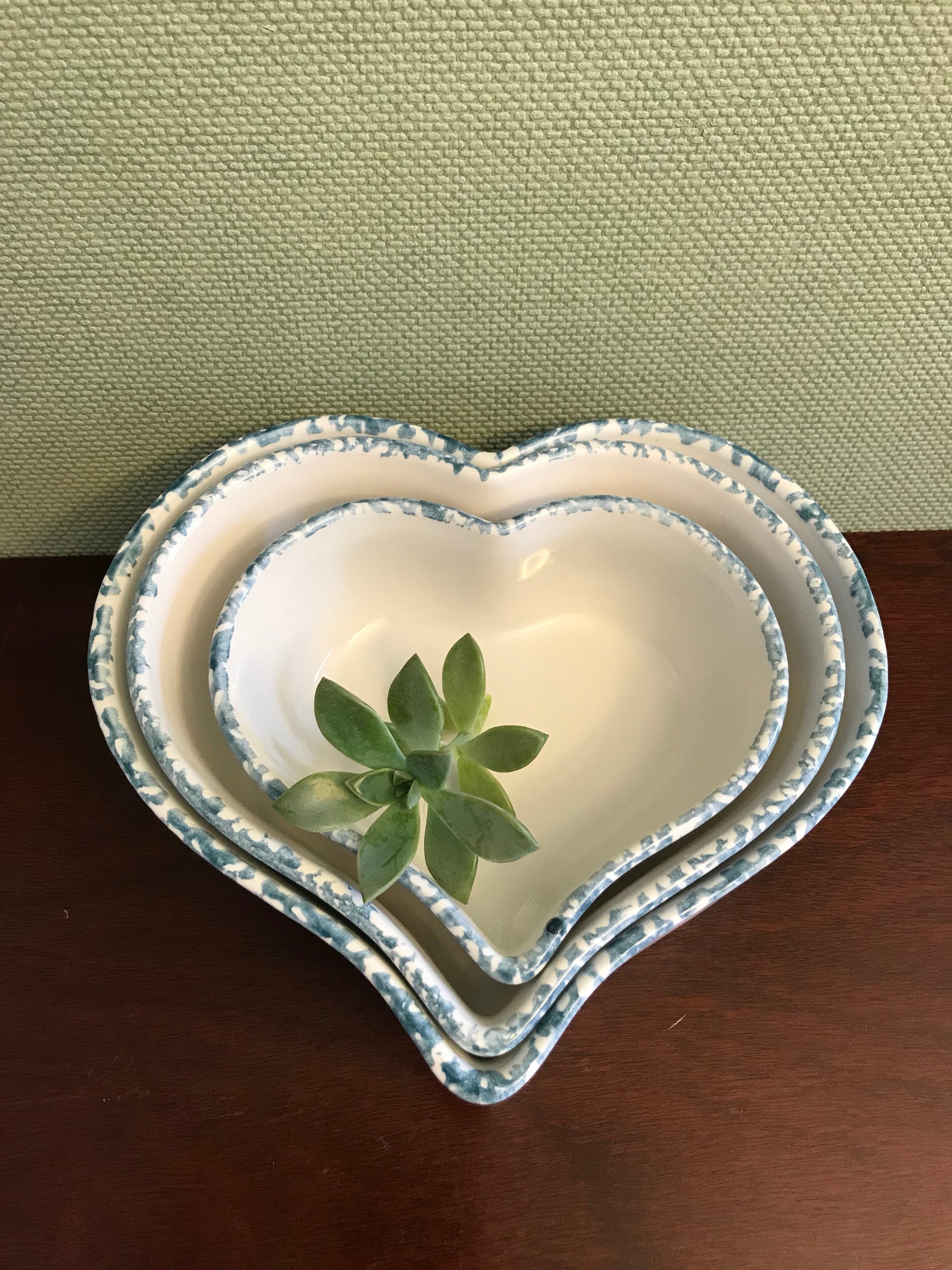 Heart shaped ceramic bowls, blue spongeware bowl set, nesting bowls