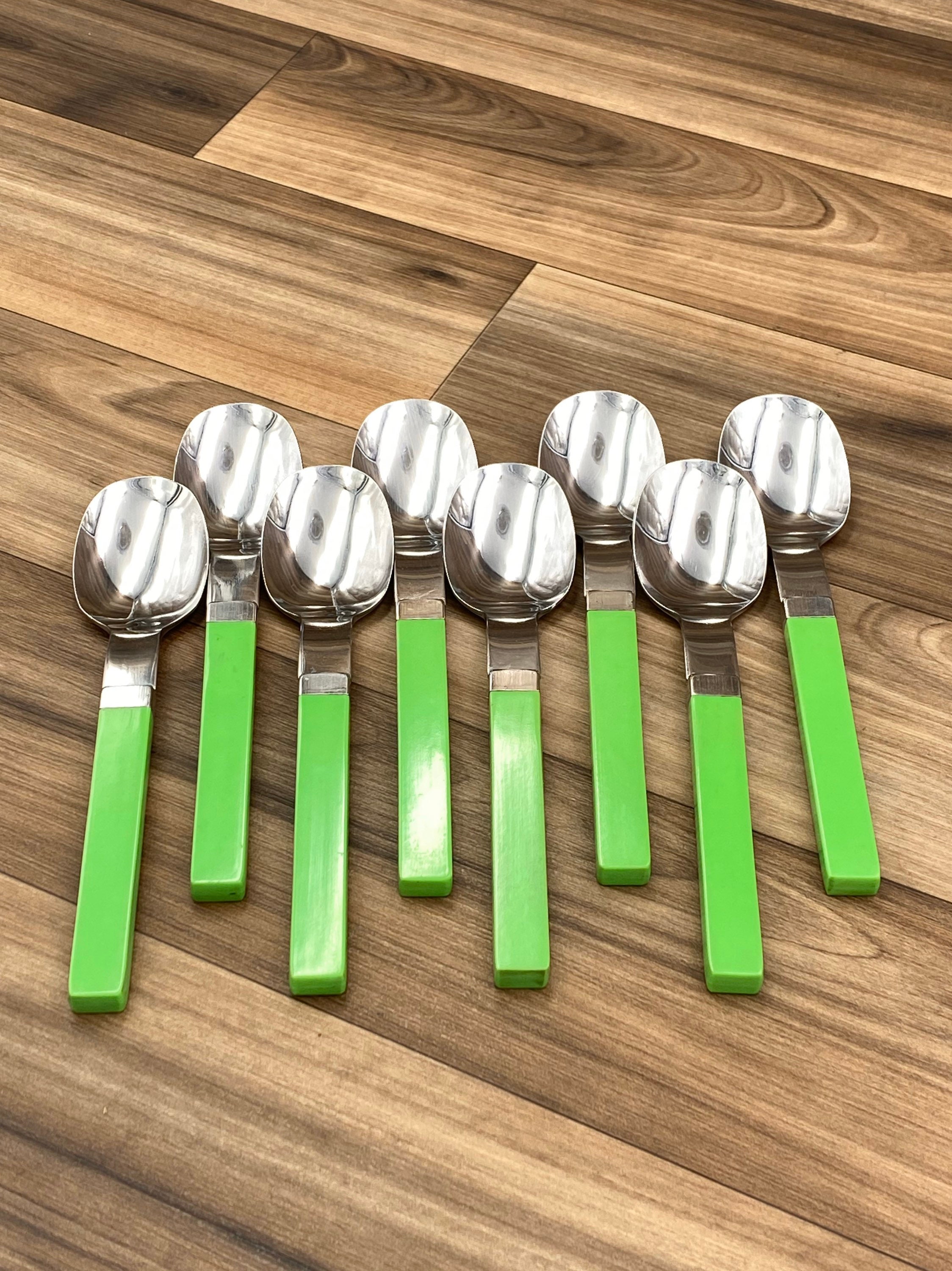 Vintage Stainless Flatware set Garden Green Plastic Handles, Retro