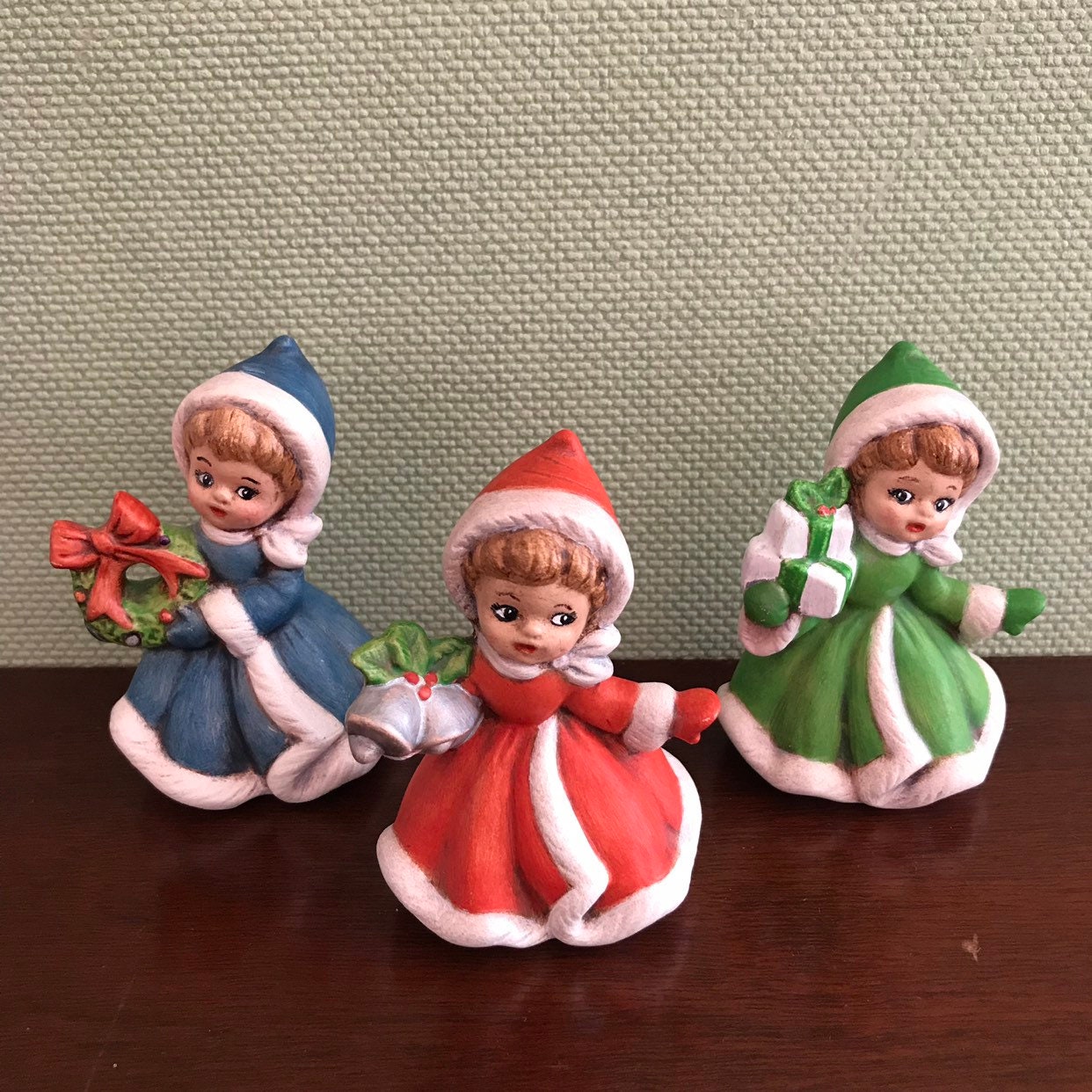 Christmas Girl Figurines hand painted ceramic figurines Victorian 