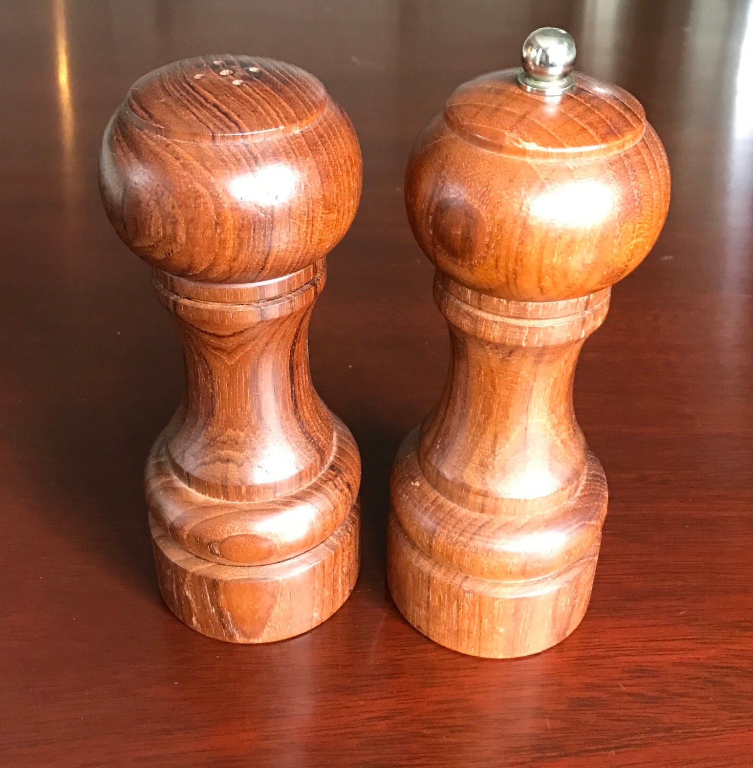 Vintage Teakwood Salt Pepper Shakers, Pepper grinder, Goodwoods Genuine
