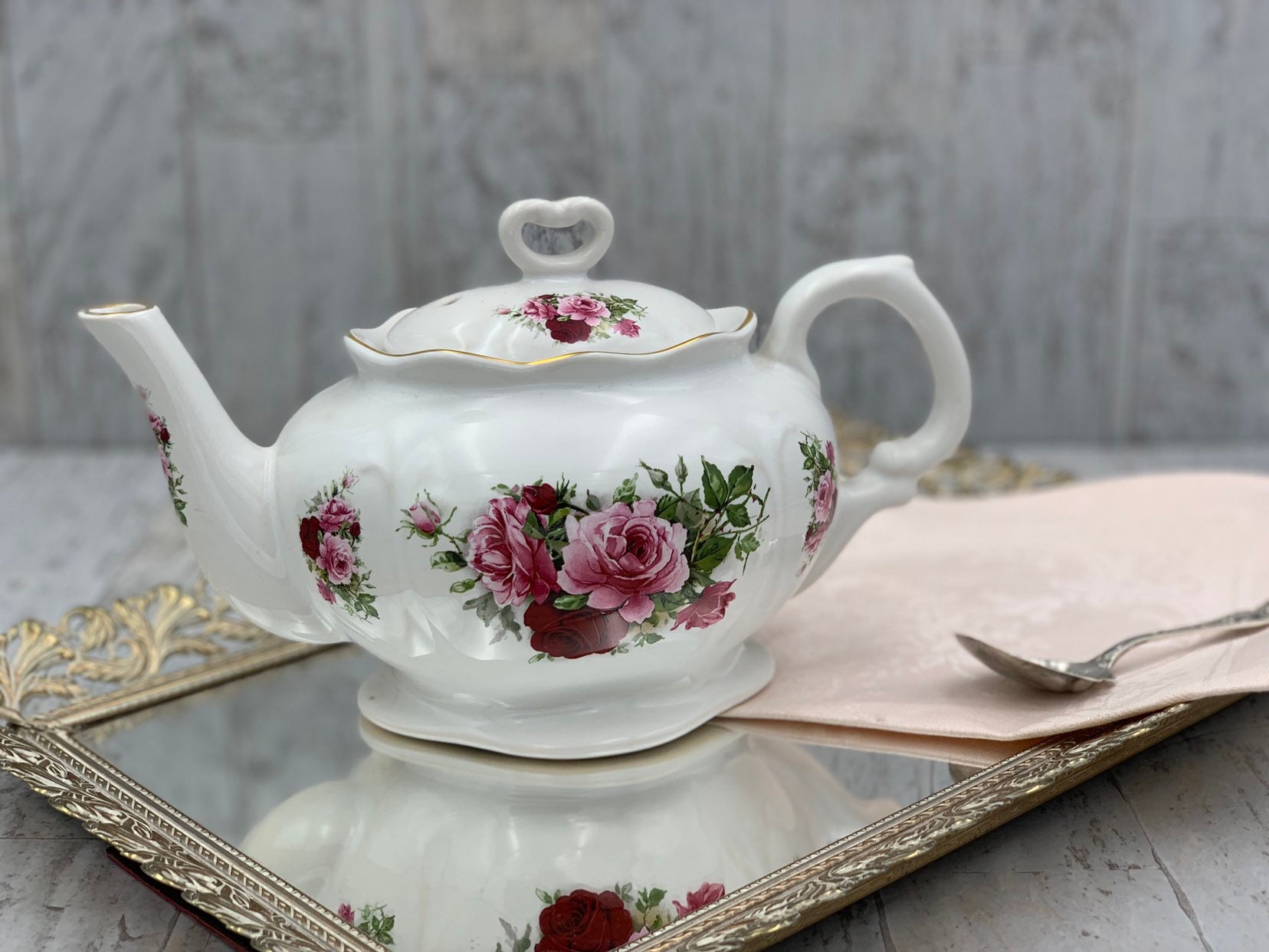 Vintage Rose Teapot, China teapot with pink roses, Pink Rose teapot