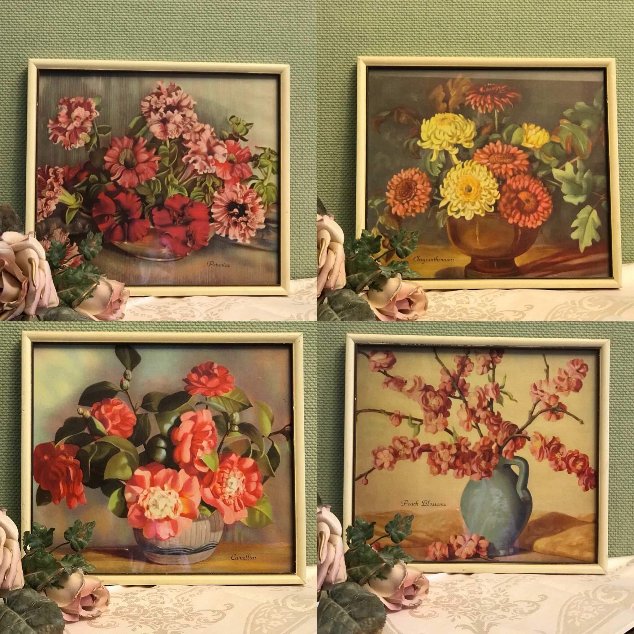 Vintage Floral Prints, Framed under glass botanical prints, Wall Art