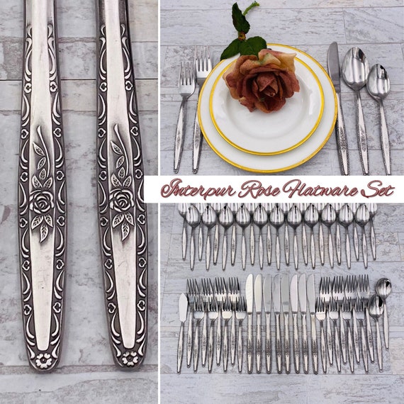 Mid Century Stainless Flatware set Rose handle by Interpur Floral MCM Flatware Vintage Silverware set