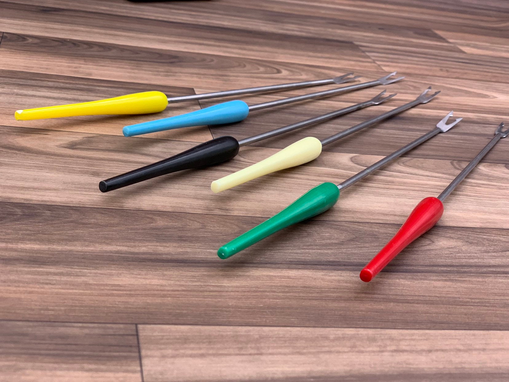 Vintage Fondue Forks, Retro Colored Plastic handles stainless steel