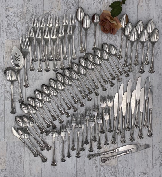 Vintage Stainless Flatware Set, Large Service for 12 Floral Pattern, Silverware set Excellent condition, classic flatware, Wedding gift