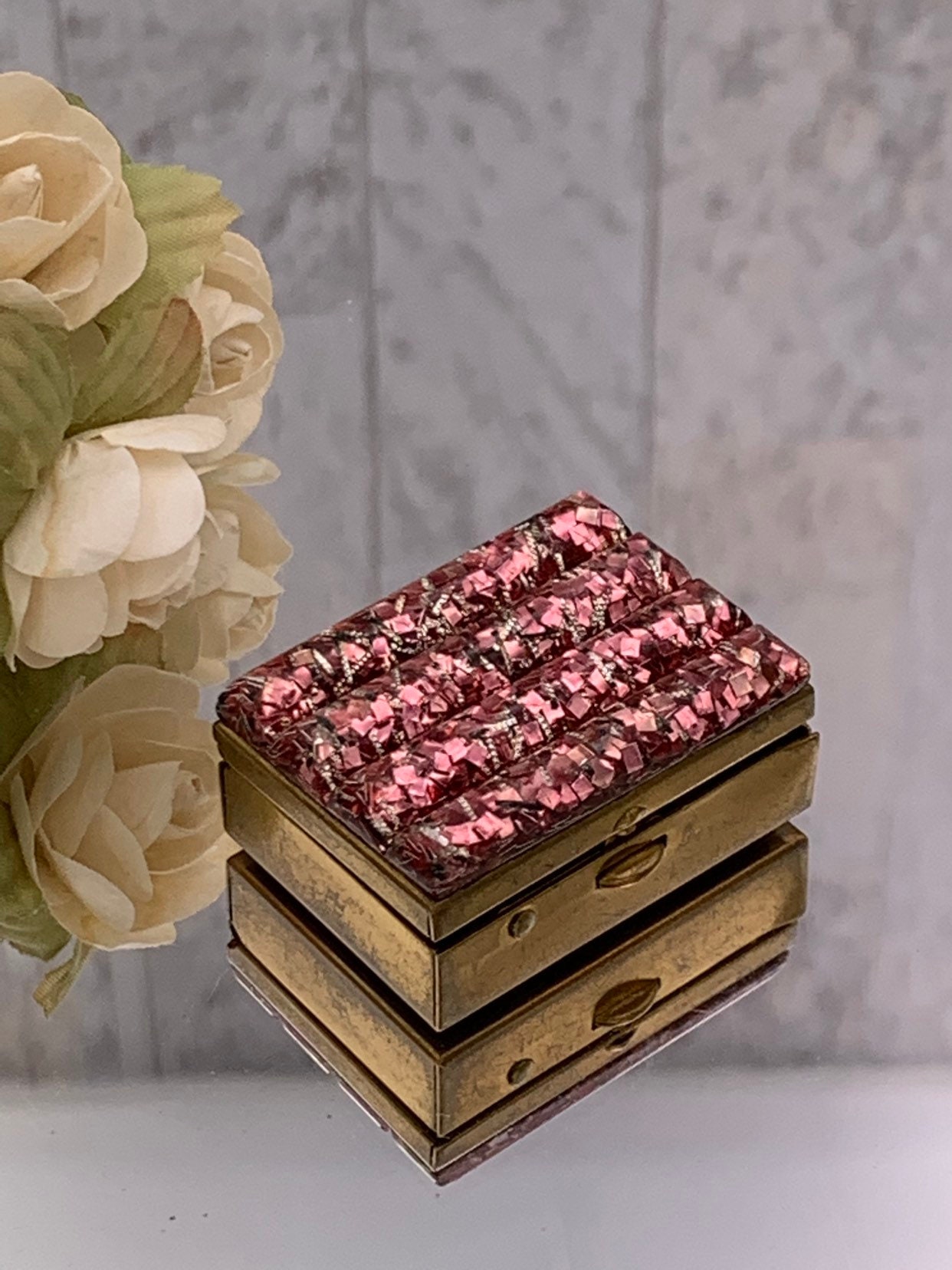 Vintage Pink Confetti Lucite Pill box, small pill box compact, ladies