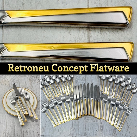 Vintage Flatware set, Retroneu Concept Gold, Stainless Gold accents, 40 piece service for 8, serving pieces, Gift for Her, Wedding Gift