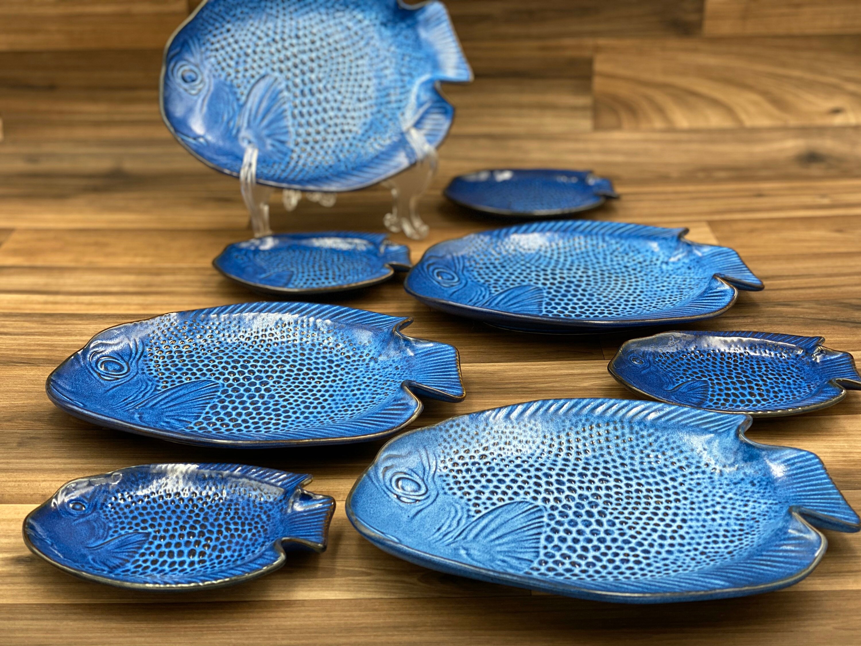 Ceramic Blue Fish Dish set, matching fish shaped plates, Beach house