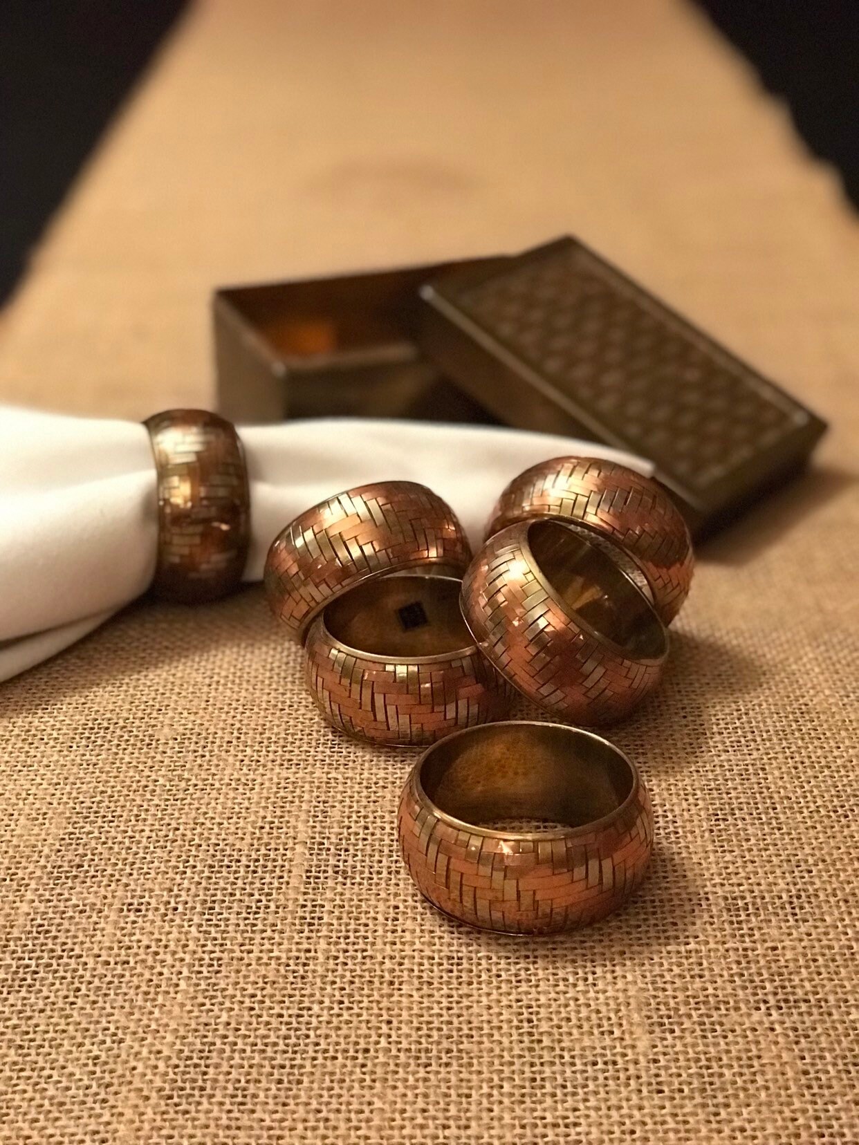 Vintage Metal napkin rings in Matching storage Box, Boho Tablescape Decor