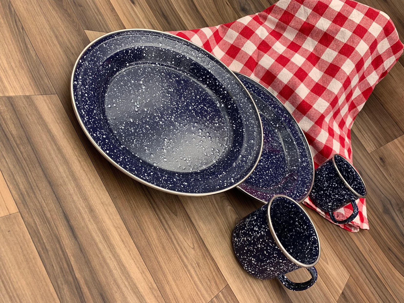 Vintage Graniteware Plates and Cups Enamel ware Dish sets for 2, Rustic