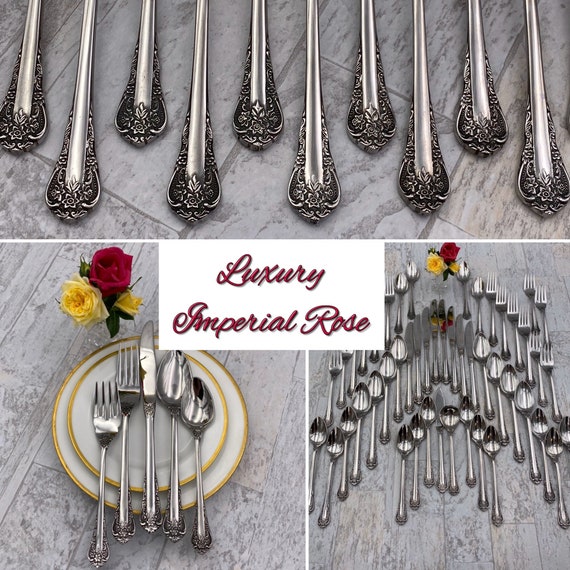 New Luxury Stainless Flatware Set, Vintage FB Rogers Imperial Rose Silverware, Service for 8, Wedding Gift, Rare Cutlery