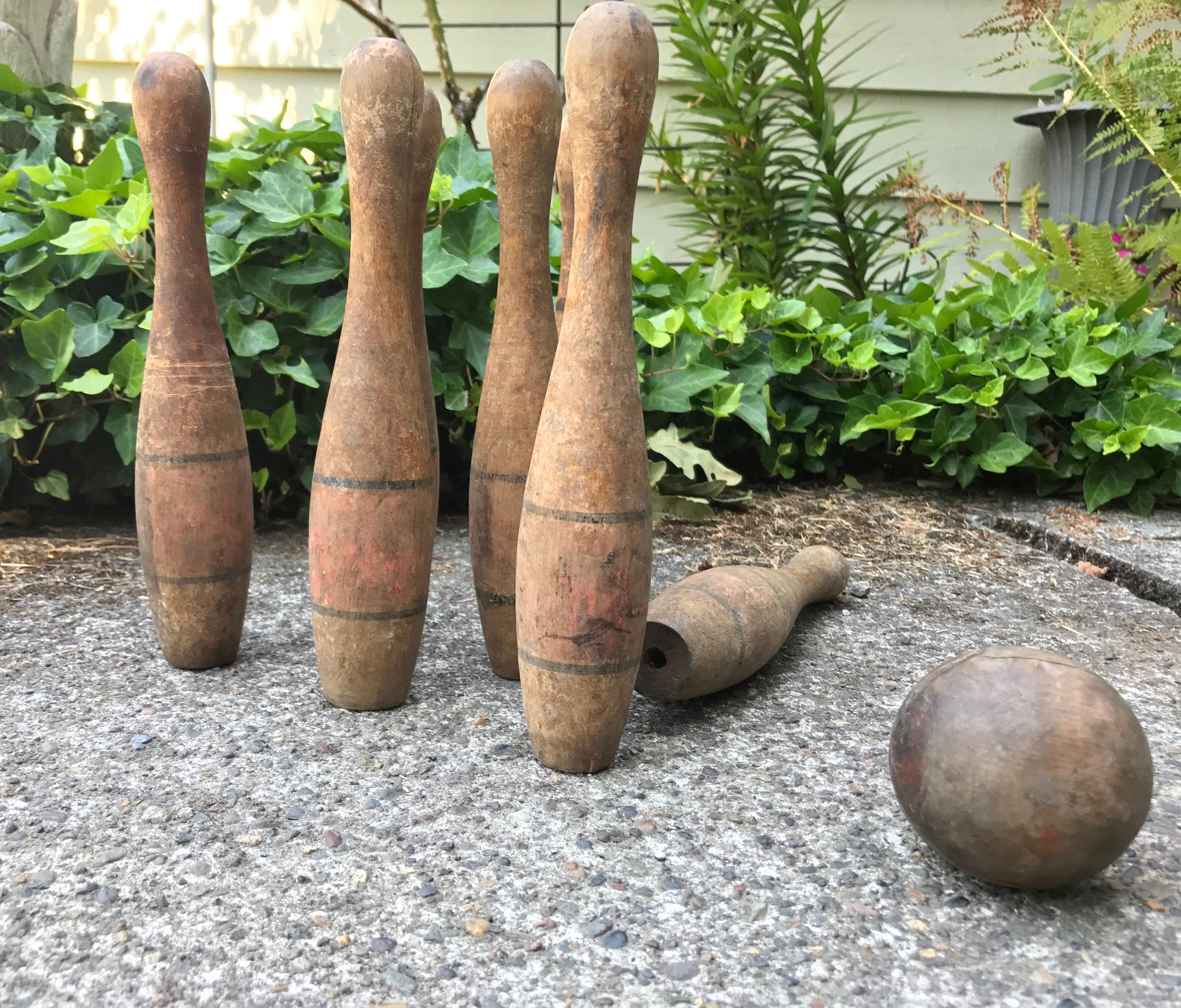 Vintage Wooden Bowling game, game of ten pins, Turned wood pins and