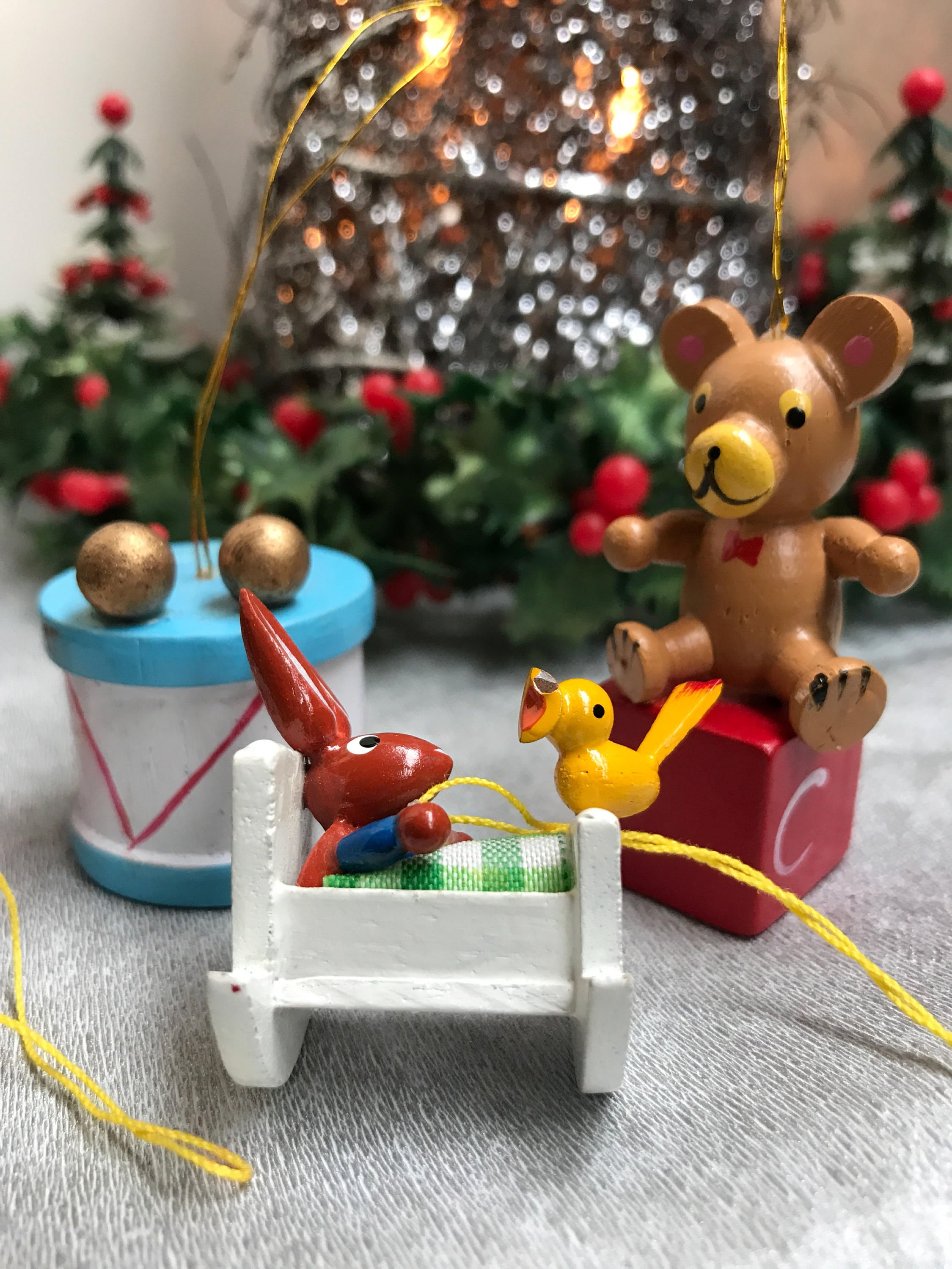 Vintage Wooden Christmas Ornaments, set of miniature toy Christmas