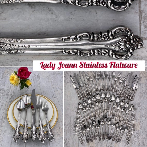 Vintage Stainless Flatware Set, Large Service for 12 Rose Pattern, Silverware set Excellent condition, classic flatware, gift