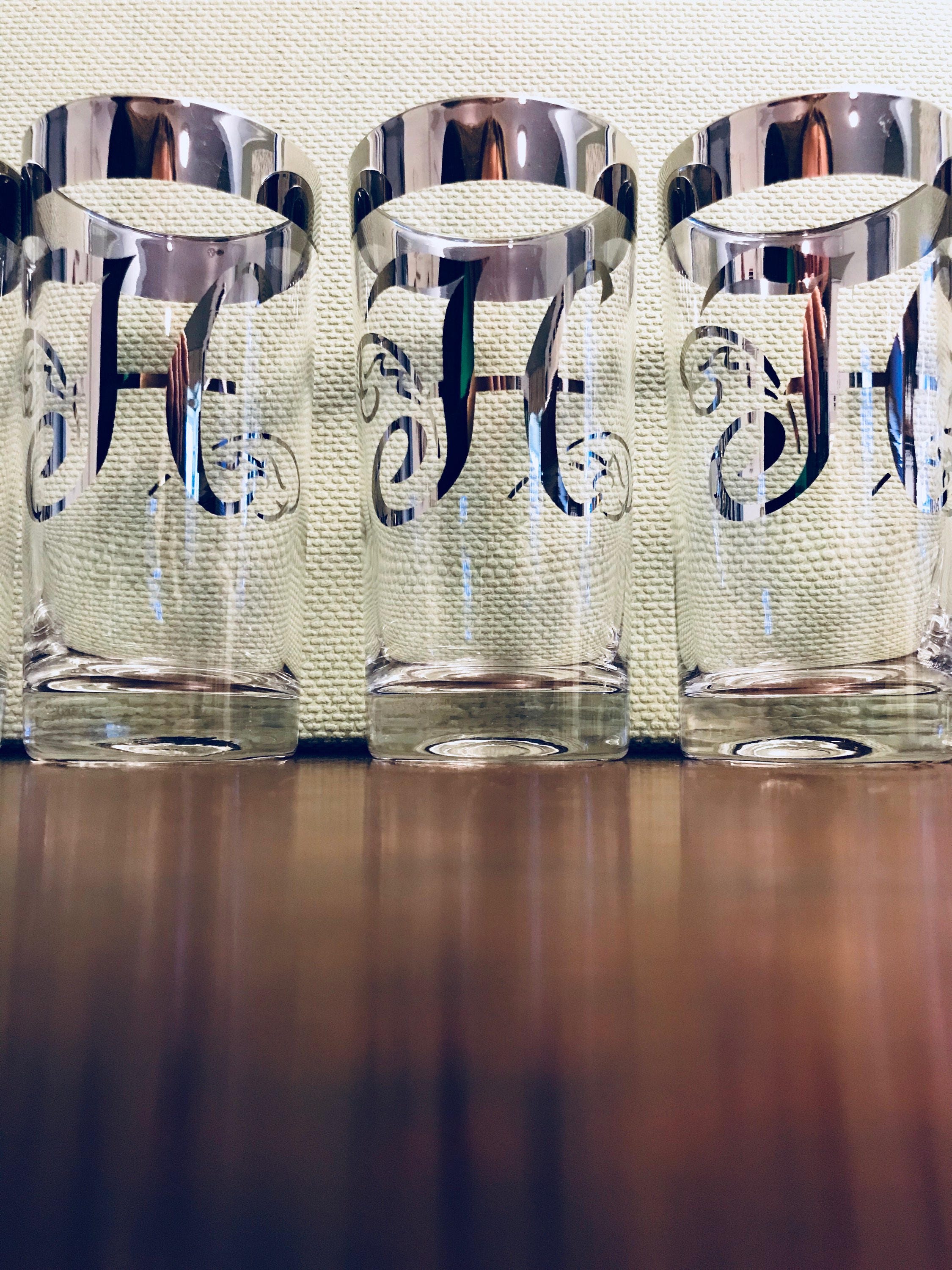 Mid Century Modern Monogrammed Glass Set, M Monogram Silver Drink ware