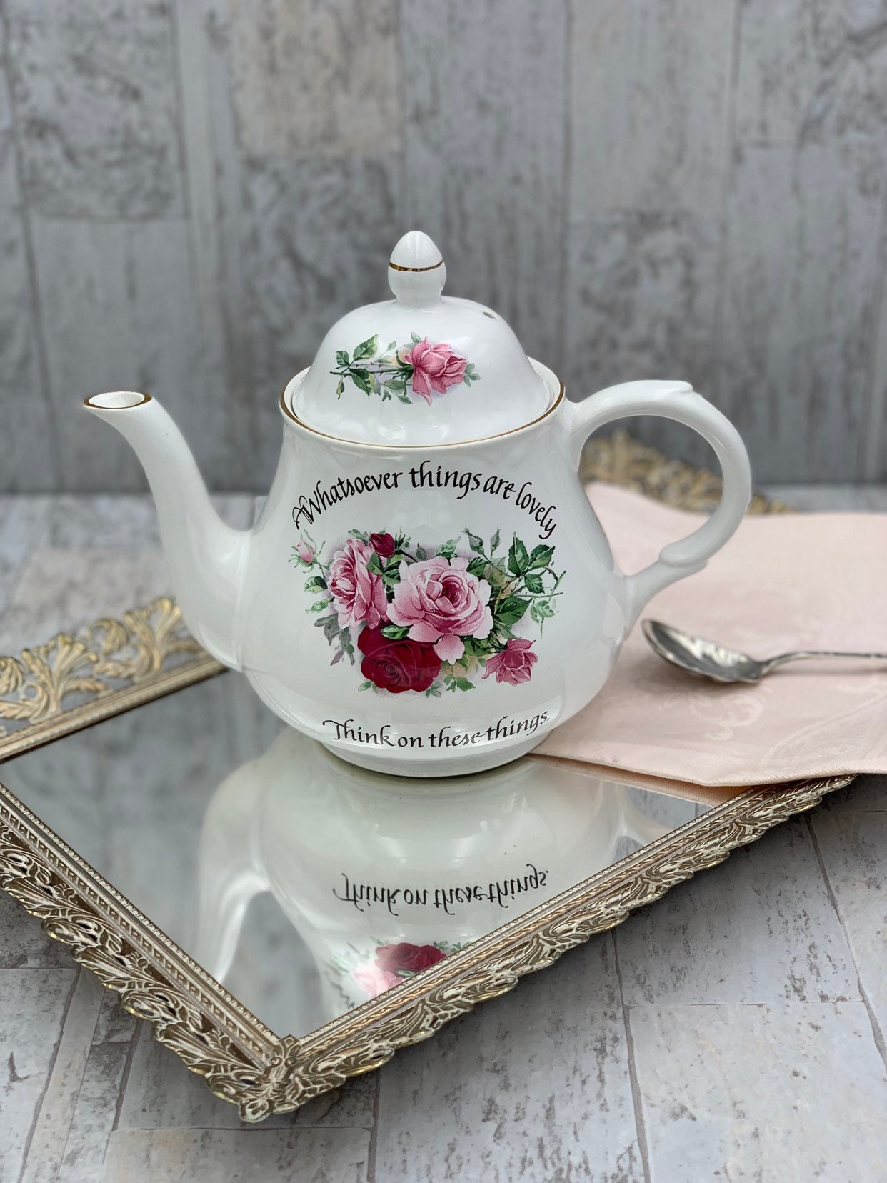 Vintage Rose Teapot, China teapot with Scripture, Pink Rose teapot, Tea party, Shabby Chic, gift