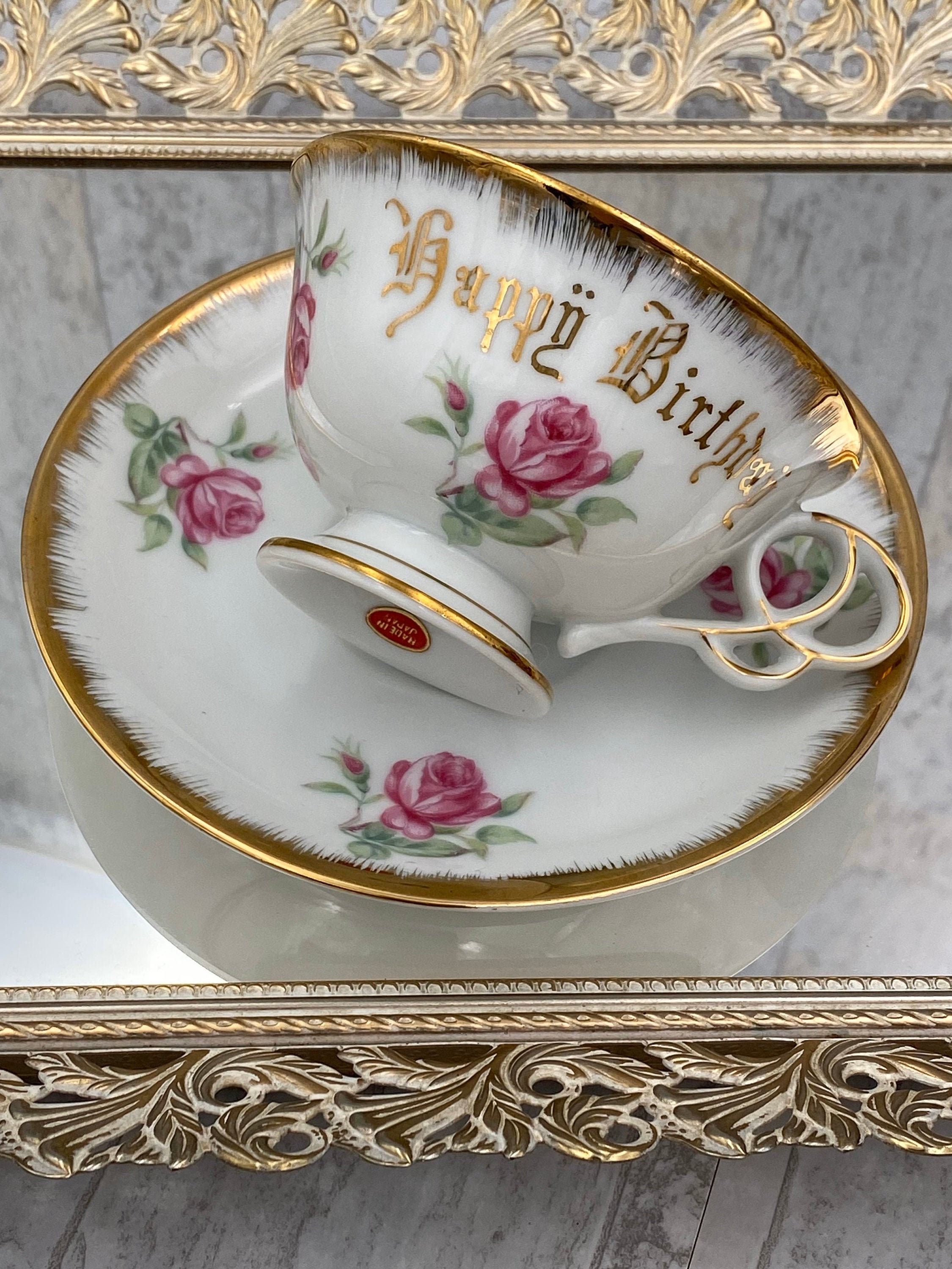 Happy Birthday Teacup with Pink Roses Gold Gilt footed Teacup made in