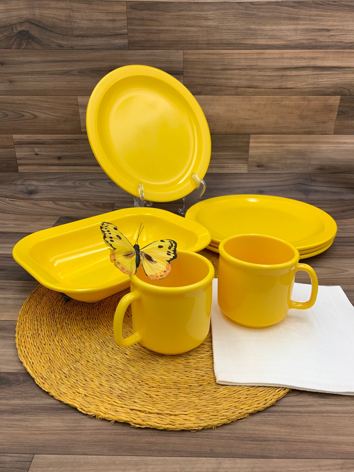 Vintage Melmac Dish set, Bright Yellow Plastic dishes, Mid Century