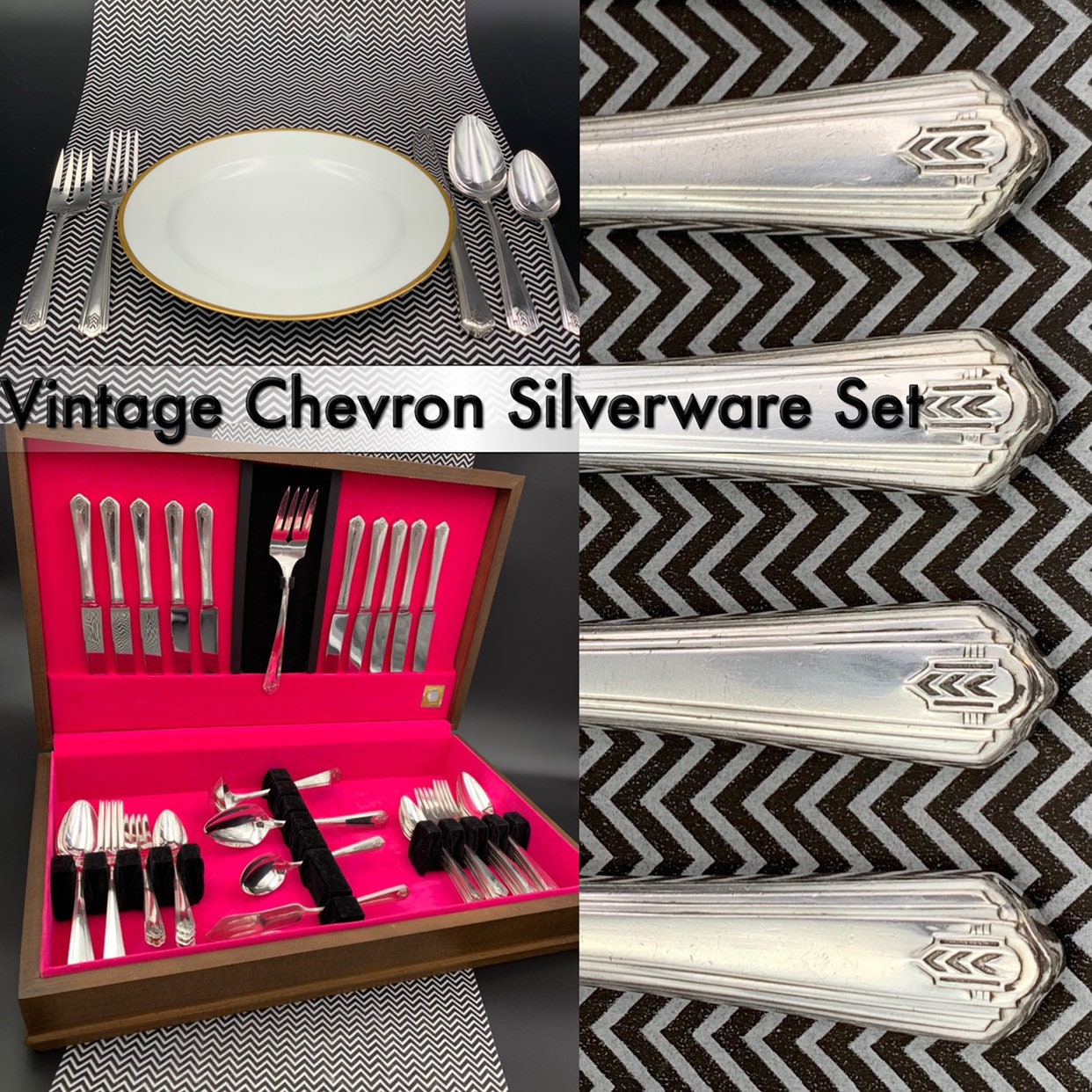 Vintage Rogers Chevron Silverware Set with Silverware chest Large