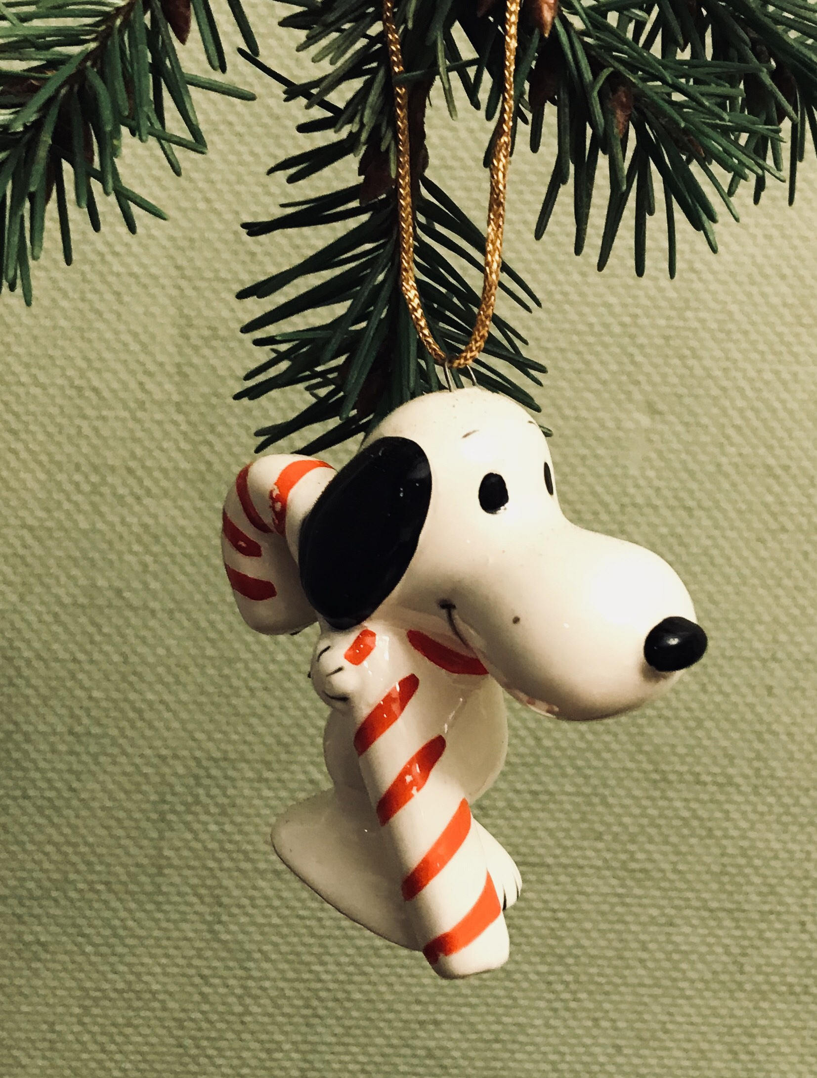 Vintage Snoopy Ornament, porcelain Snoopy with Candycane, Peanuts