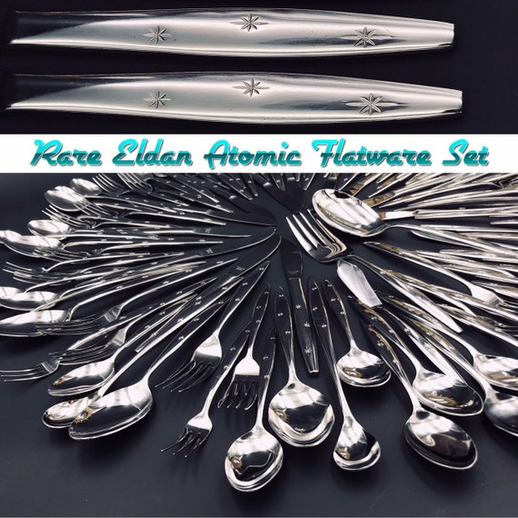 Rare Atomic Star Flatware Three Star Eldan Stainless Flatware, Mid Cenury Atomic three star Flatware, Vintage Flatware Set Original Case