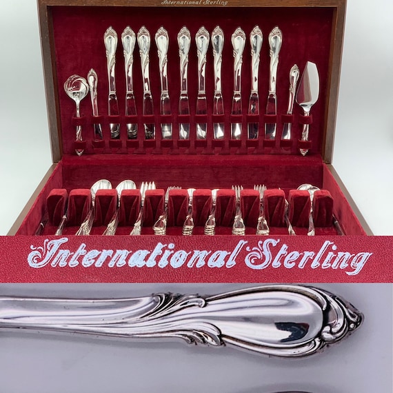 International Sterling Silver Rhapsody Flatware set in Silverware chest, Service for 10 with serving pieces, Wedding Gift