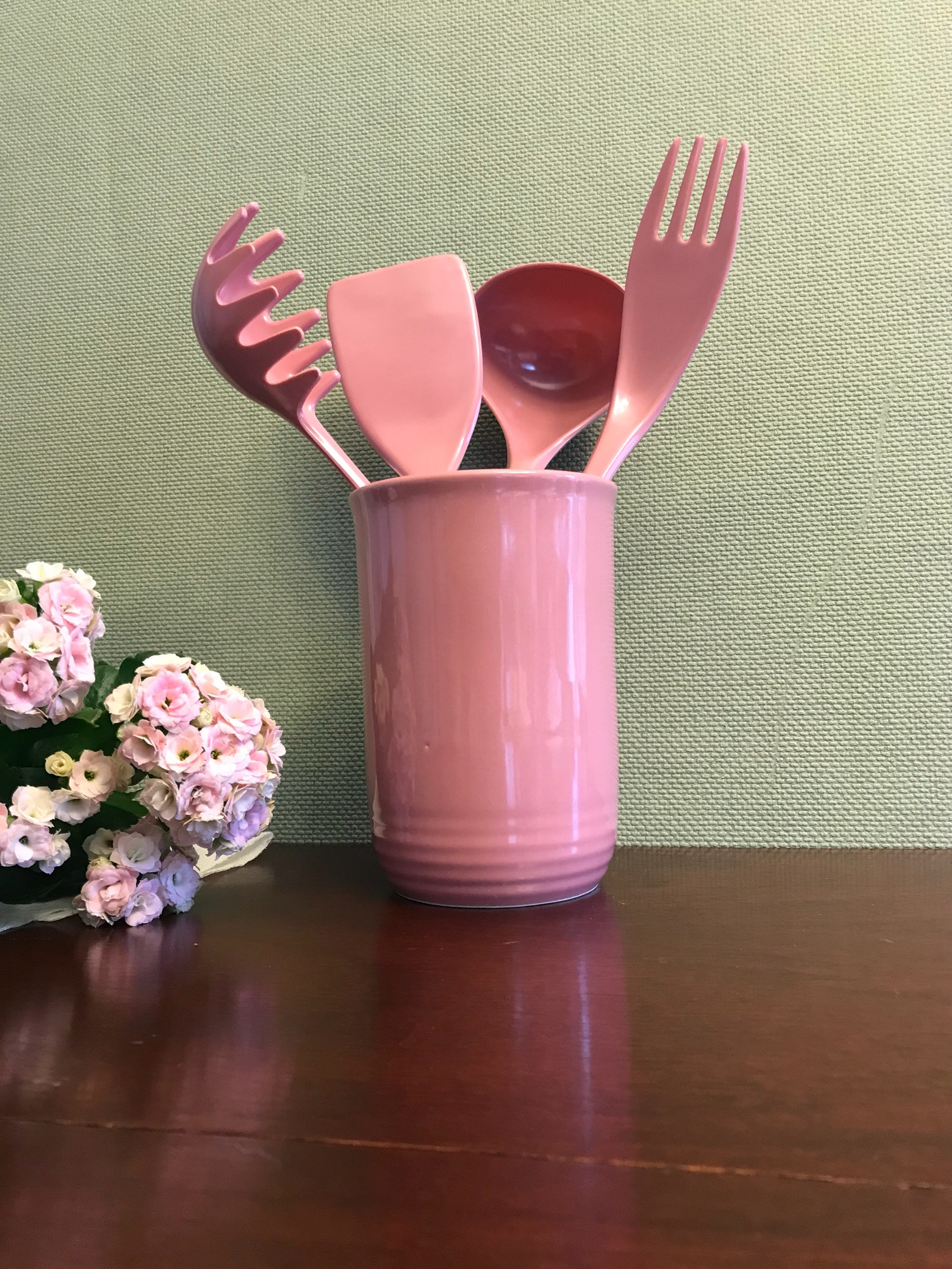 Kitchen Utensil Crock, Vintage Stoneware pot, Dusty rose pink Stoneware